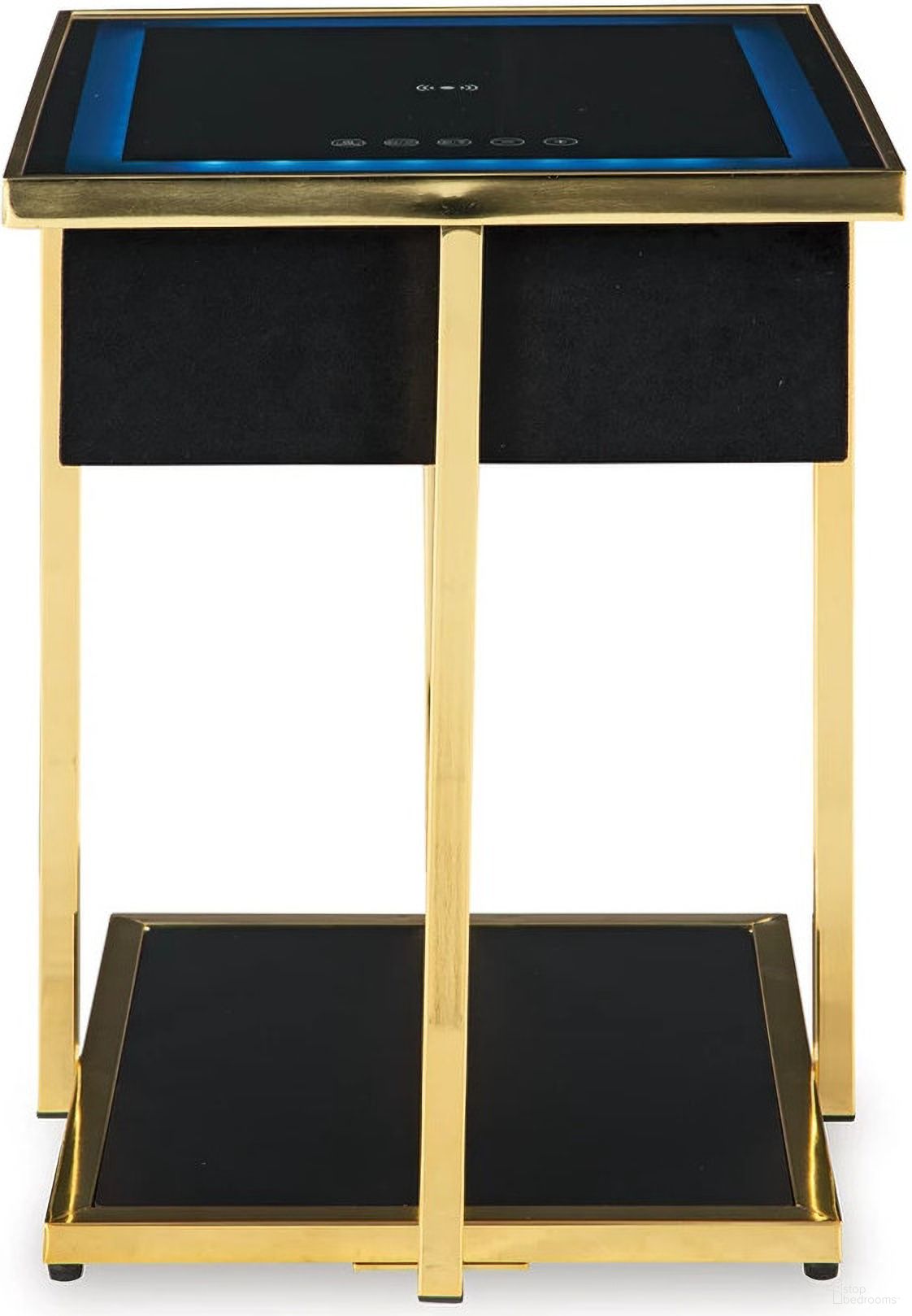 The appearance of Rexwell Accent Table with Speaker In Black and Gold designed by Signature Design by Ashley in the modern / contemporary interior design. This black/gold piece of furniture  was selected by 1StopBedrooms from Rexwell Collection to add a touch of cosiness and style into your home. Sku: A4000681. Material: Fabric.