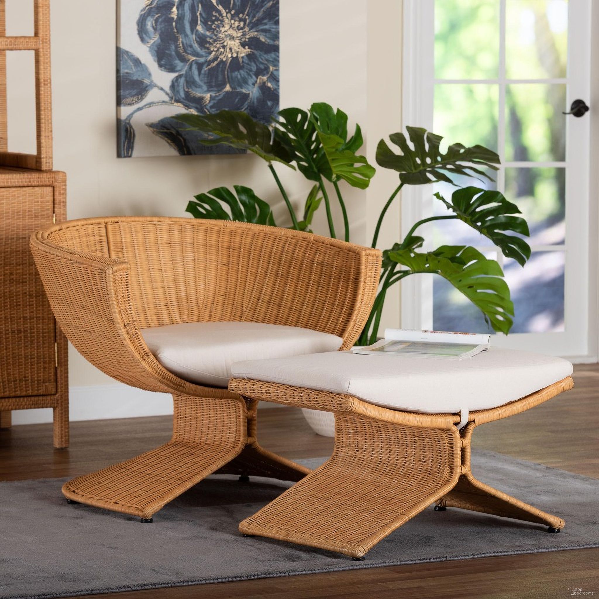 The appearance of Reya Natural Rattan 2-Piece Living Room Set In Light Honey designed by Baxton Studio in the bohemian interior design. This light honey piece of furniture  was selected by 1StopBedrooms from Reya Collection to add a touch of cosiness and style into your home. Sku: Palm Tulip-Light Honey/Rattan-2pc Chair/FS Set. Material: Natural Rattan.