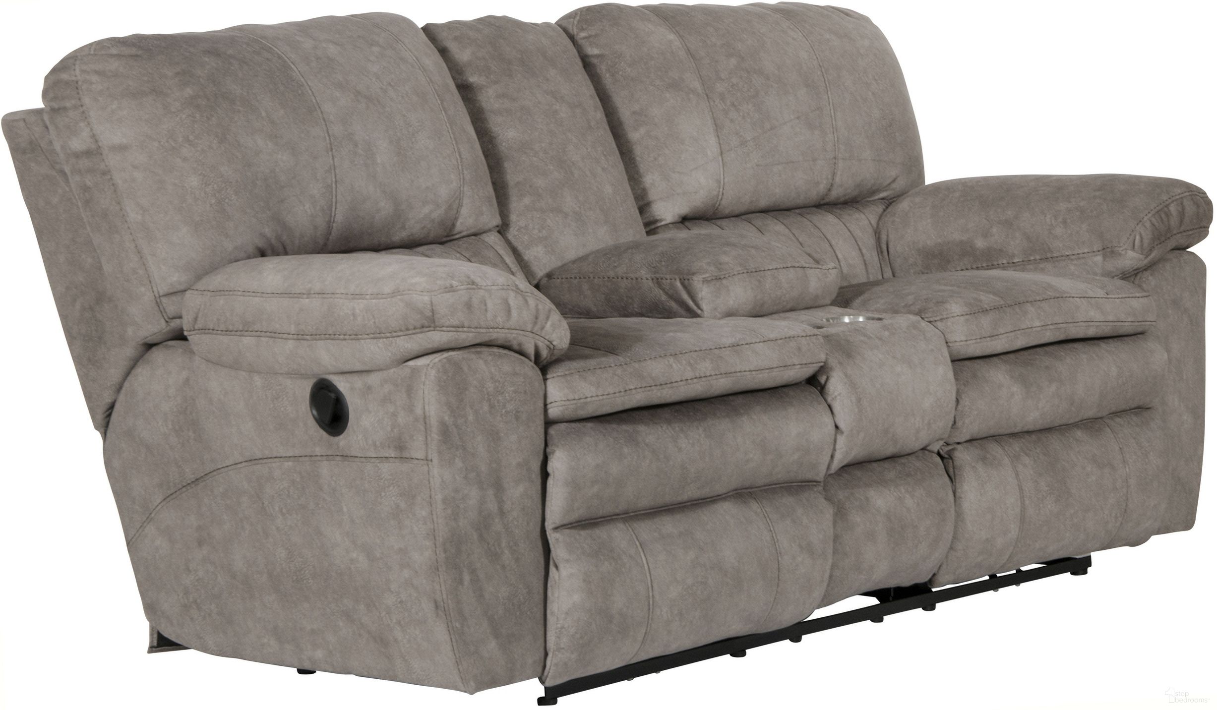 The appearance of Reyes Graphite Lay Flat Reclining Console Loveseat designed by Catnapper in the transitional interior design. This silver piece of furniture was selected by 1StopBedrooms from Reyes Collection to add a touch of cosiness and style into your home. Sku: 2409279228. Material: Fabric.