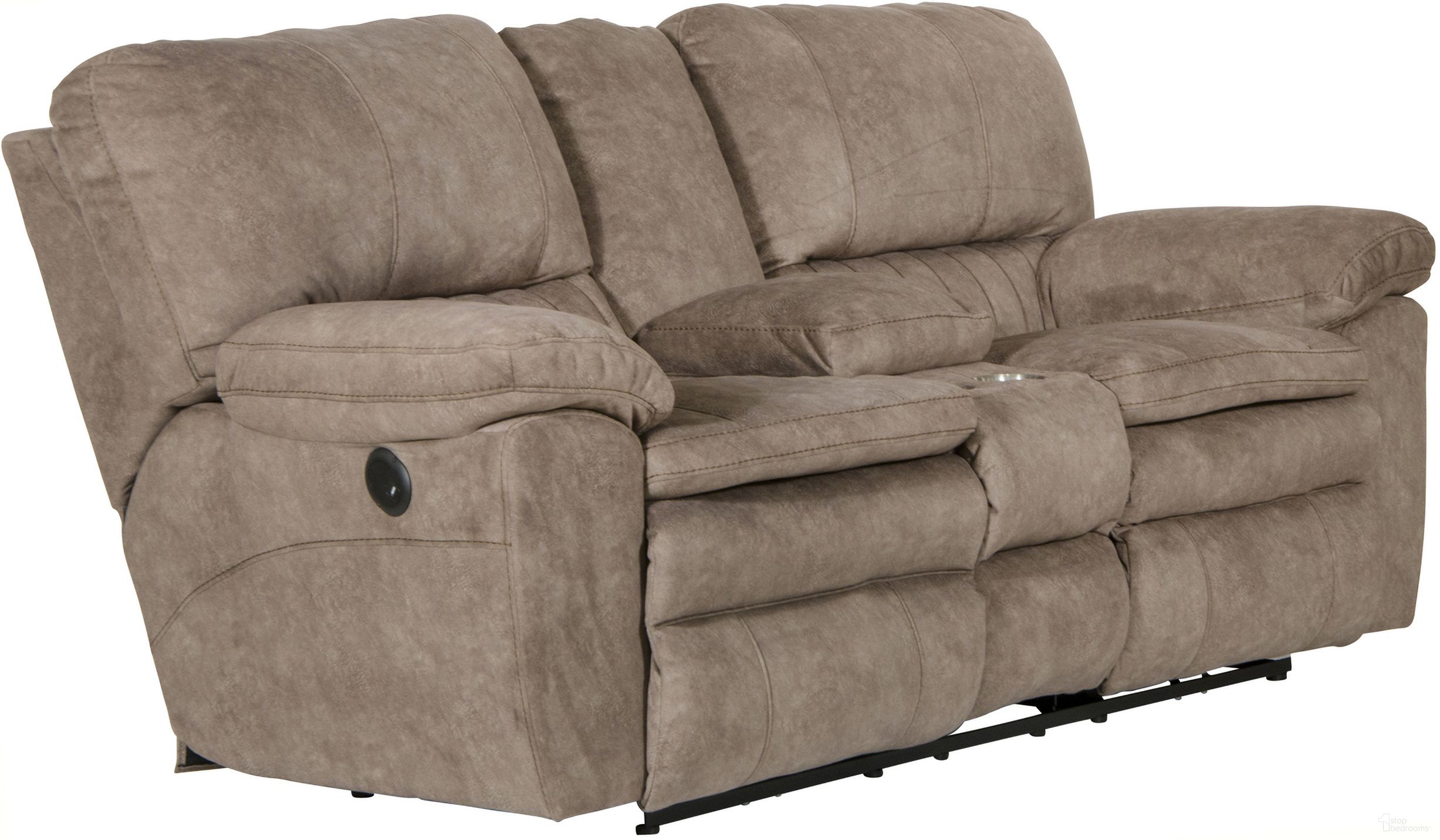 The appearance of Reyes Portabella Lay Flat Power Reclining Console Loveseat designed by Catnapper in the transitional interior design. This brown piece of furniture  was selected by 1StopBedrooms from Reyes Collection to add a touch of cosiness and style into your home. Sku: 62409279226. Material: Fabric.