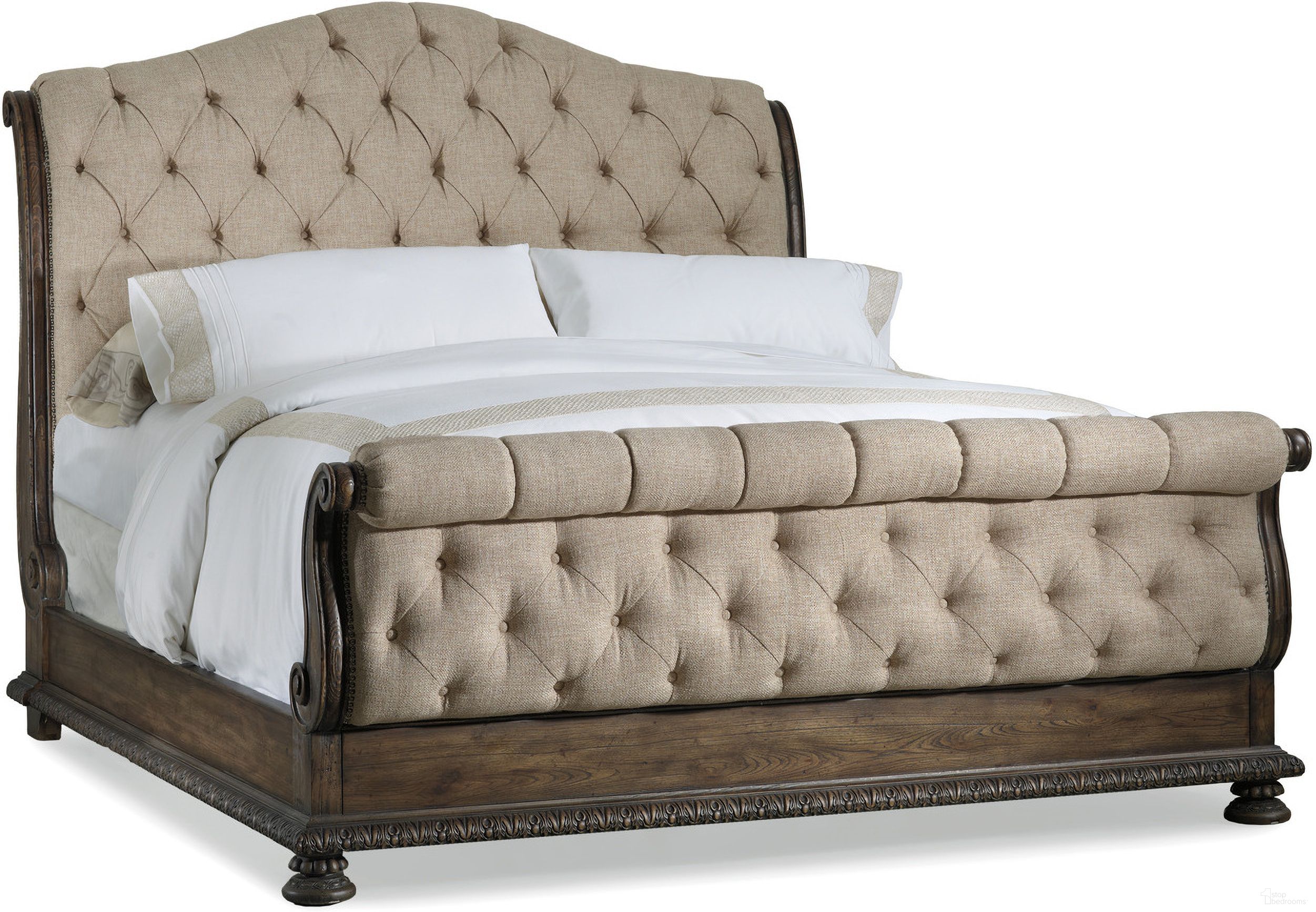 The appearance of Rhapsody Beige Tufted King Upholstered Sleigh Bed designed by Hooker in the traditional interior design. This beige piece of furniture  was selected by 1StopBedrooms from Rhapsody Collection to add a touch of cosiness and style into your home. Sku: 5070-90567;5070-90568;5070-90569. Bed Type: Sleigh Bed. Material: Fabric. Bed Size: King.