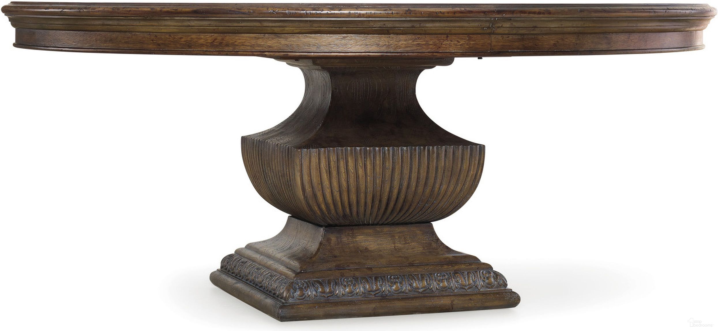 The appearance of Rhapsody Medium Wood 72'' Round Dining Table designed by Hooker in the traditional interior design. This medium wood piece of furniture  was selected by 1StopBedrooms from Rhapsody Collection to add a touch of cosiness and style into your home. Sku: 5070-75001;5070-75012. Table Base Style: Pedestal. Table Top Shape: Round. Size: 72". Material: Hickory.