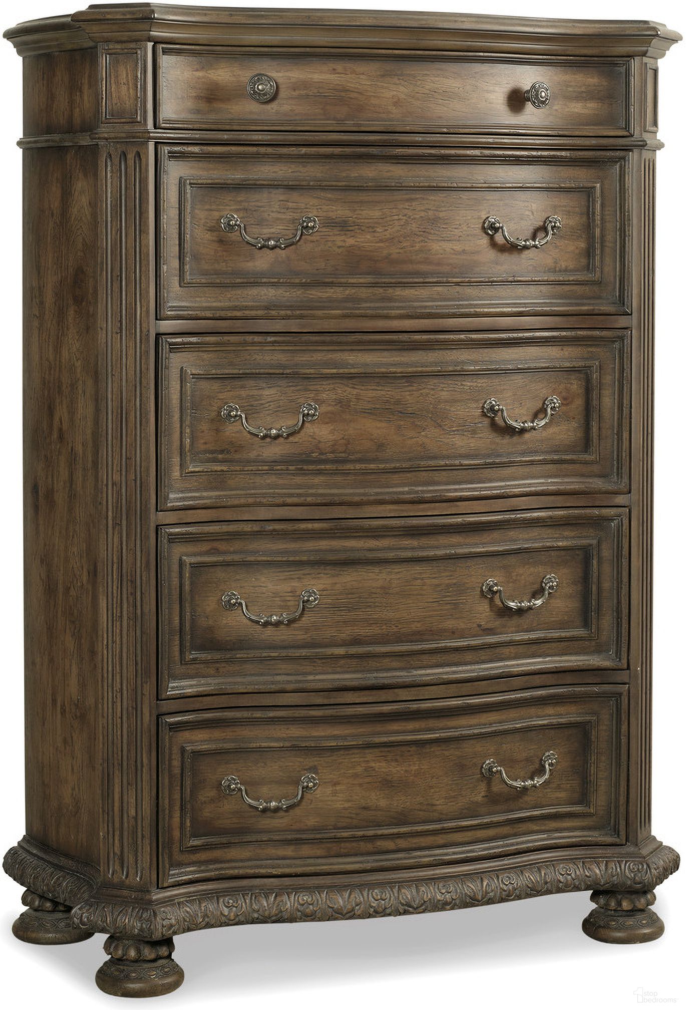 The appearance of Rhapsody Medium Wood Five Drawer Chest designed by Hooker in the traditional interior design. This medium wood piece of furniture was selected by 1StopBedrooms from Rhapsody Collection to add a touch of cosiness and style into your home. Sku: 5070-90010. Material: Veneer.