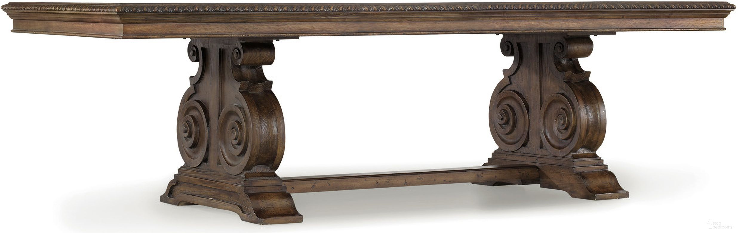 The appearance of Rhapsody Medium Wood Rectangular Extendable Dining Table designed by Hooker in the traditional interior design. This medium wood piece of furniture was selected by 1StopBedrooms from Rhapsody Collection to add a touch of cosiness and style into your home. Sku: 5070-75007;5070-75008. Table Base Style: Trestle. Table Top Shape: Rectangular. Size: 46" x 88". Material: Hickory.