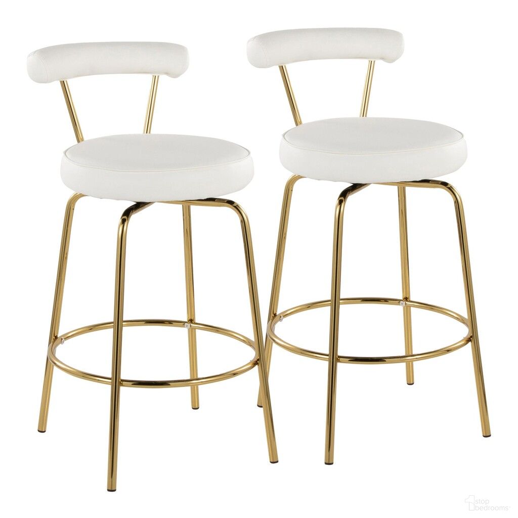 The appearance of Rhonda 26 Inch Fixed Height Counter Stool Set of 2 In Gold and White designed by Lumisource in the glam interior design. This gold and white piece of furniture was selected by 1StopBedrooms from Rhonda Collection to add a touch of cosiness and style into your home. Sku: B26-RHONDAPU AUW2. Material: Foam.