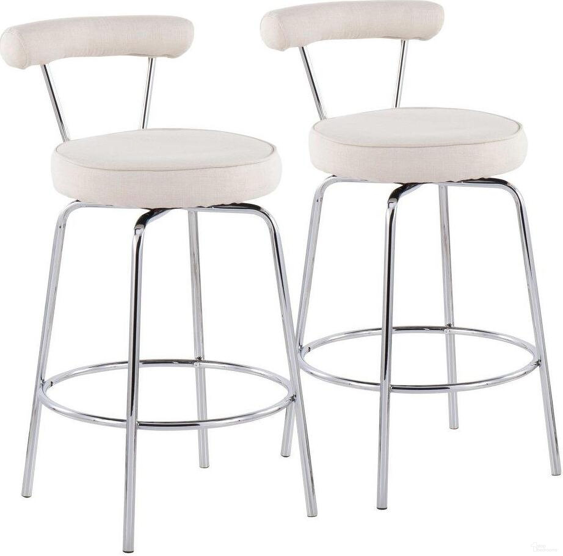 The appearance of Rhonda Contemporary Counter Stool In Chrome And Cream Fabric - Set Of 2 designed by Lumisource in the modern / contemporary interior design. This chrome piece of furniture was selected by 1StopBedrooms from Rhonda Collection to add a touch of cosiness and style into your home. Sku: B26-RHONDA CR2. Material: Polyester.