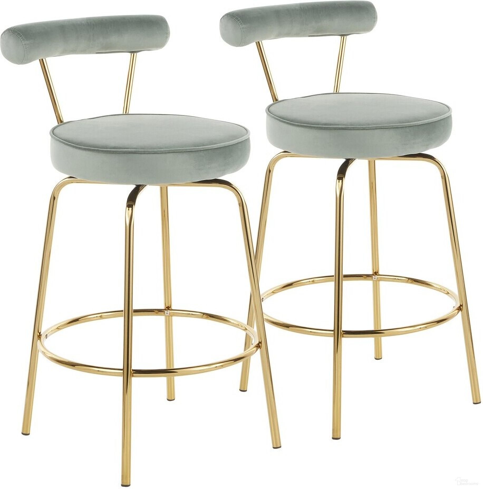 The appearance of Rhonda Counter Stool Set of 2 In Green designed by Lumisource in the glam interior design. This green piece of furniture was selected by 1StopBedrooms from Rhonda Collection to add a touch of cosiness and style into your home. Sku: B26-RHONDA AULGN2. Material: Velvet.