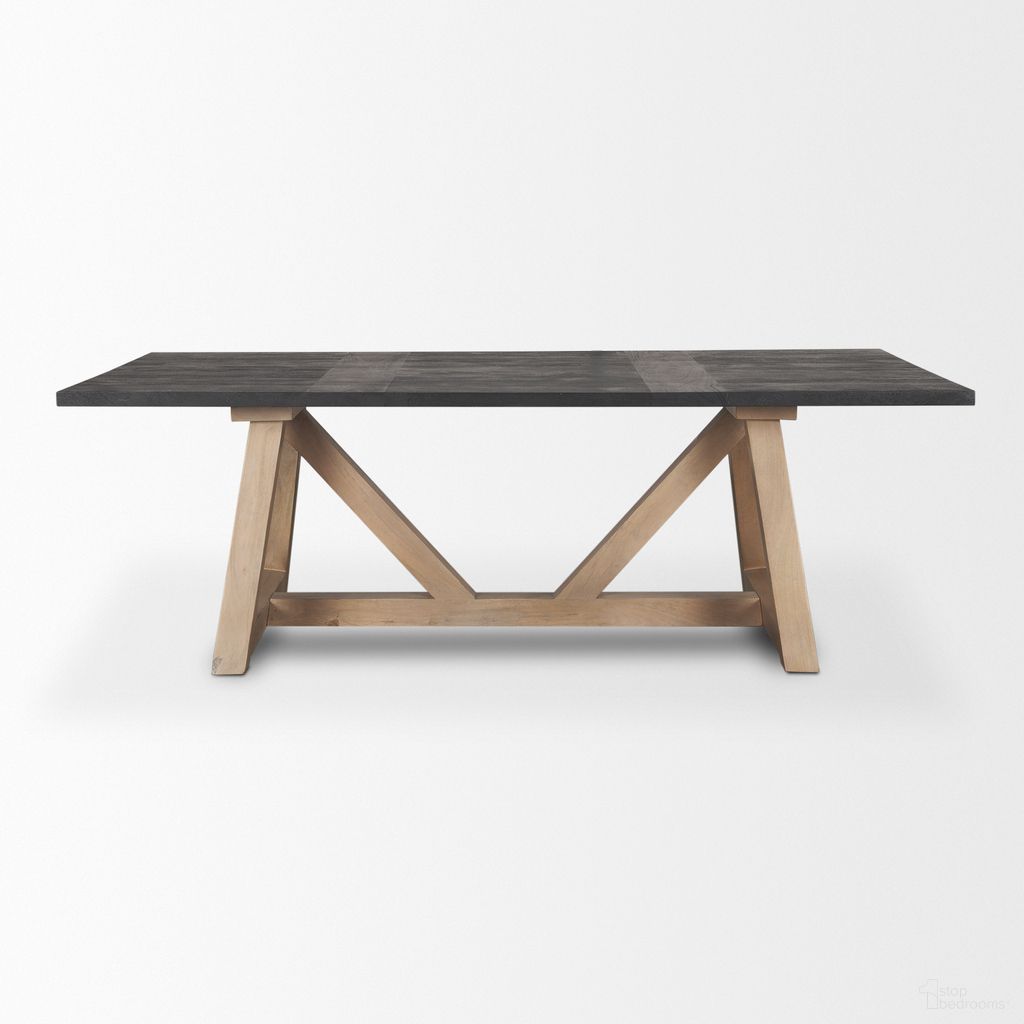 The appearance of Rialto Rectangular Solid Wood Dining Table In Brown designed by Mercana in the transitional interior design. This brown piece of furniture  was selected by 1StopBedrooms from Rialto Collection to add a touch of cosiness and style into your home. Sku: 70558-AB. Table Base Style: Trestle. Table Top Shape: Rectangular. Size: 96" x 42". Material: Solid Wood.
