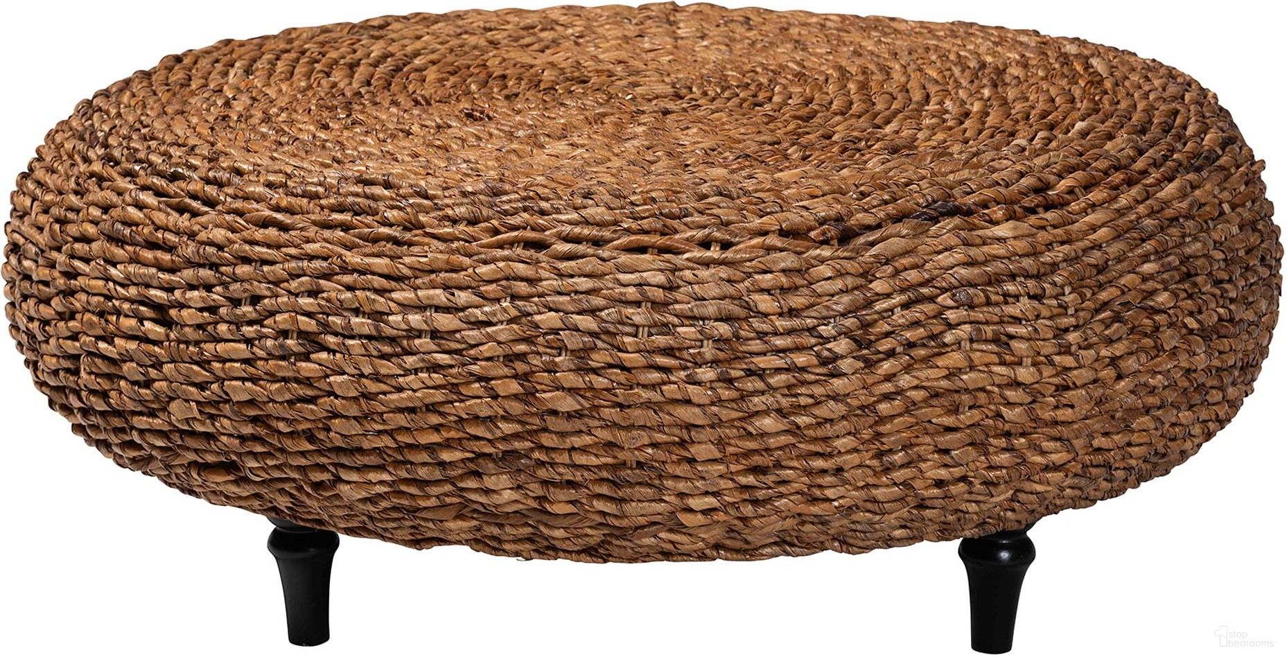 Riau Handwoven Seagrass Round Coffee Table with Wooden Legs In Natural Brown and Espresso Brown