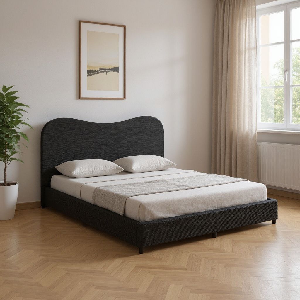 The appearance of Ribbed Texture Velvet Upholstered King Bed Frame In Black designed by Homeroots in the modern / contemporary interior design. This black piece of furniture  was selected by 1StopBedrooms from  to add a touch of cosiness and style into your home. Sku: 583185. Bed Size: King. Material: Velvet. Bed Type: Upholstered Bed.
