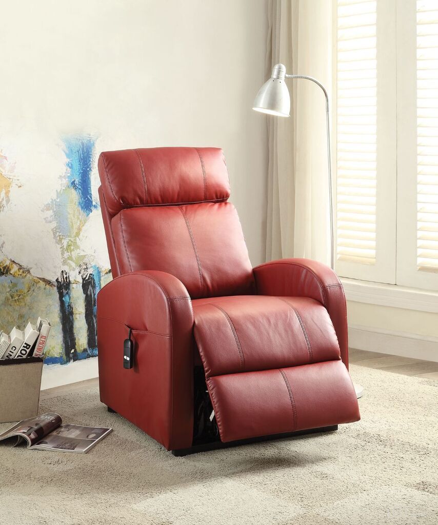 The appearance of Ricardo Red Recliner with Power Lift designed by ACME in the modern / contemporary interior design. This red piece of furniture  was selected by 1StopBedrooms from Ricardo Collection to add a touch of cosiness and style into your home. Sku: 59406. Material: Vinyl.