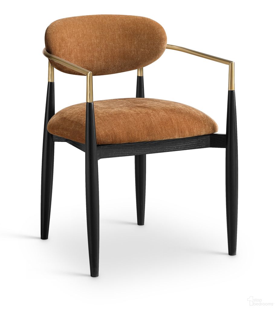 The appearance of Riccio Performance Fabric Upholstered Dining Arm Chair Set of 2 In Cognac and Stained Black designed by Meridian in the modern / contemporary interior design. This cognac/stained black piece of furniture was selected by 1StopBedrooms from Riccio Collection to add a touch of cosiness and style into your home. Sku: 11022Cognac-AC. Material: Polyester. Chair Type: Arm Chair.