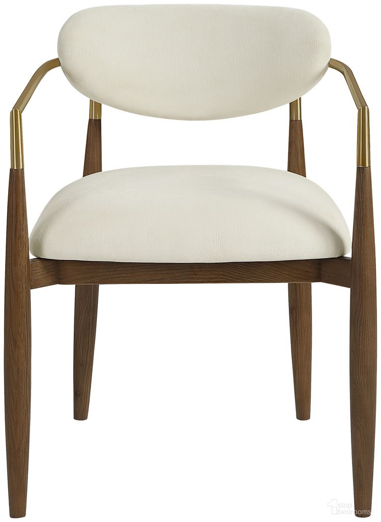 The appearance of Riccio Performance Fabric Upholstered Dining Arm Chair Set of 2 In Cream and Stained Walnut designed by Meridian in the modern / contemporary interior design. This cream/stained walnut piece of furniture  was selected by 1StopBedrooms from Riccio Collection to add a touch of cosiness and style into your home. Sku: 11023Cream-AC. Material: Polyester. Chair Type: Arm Chair.
