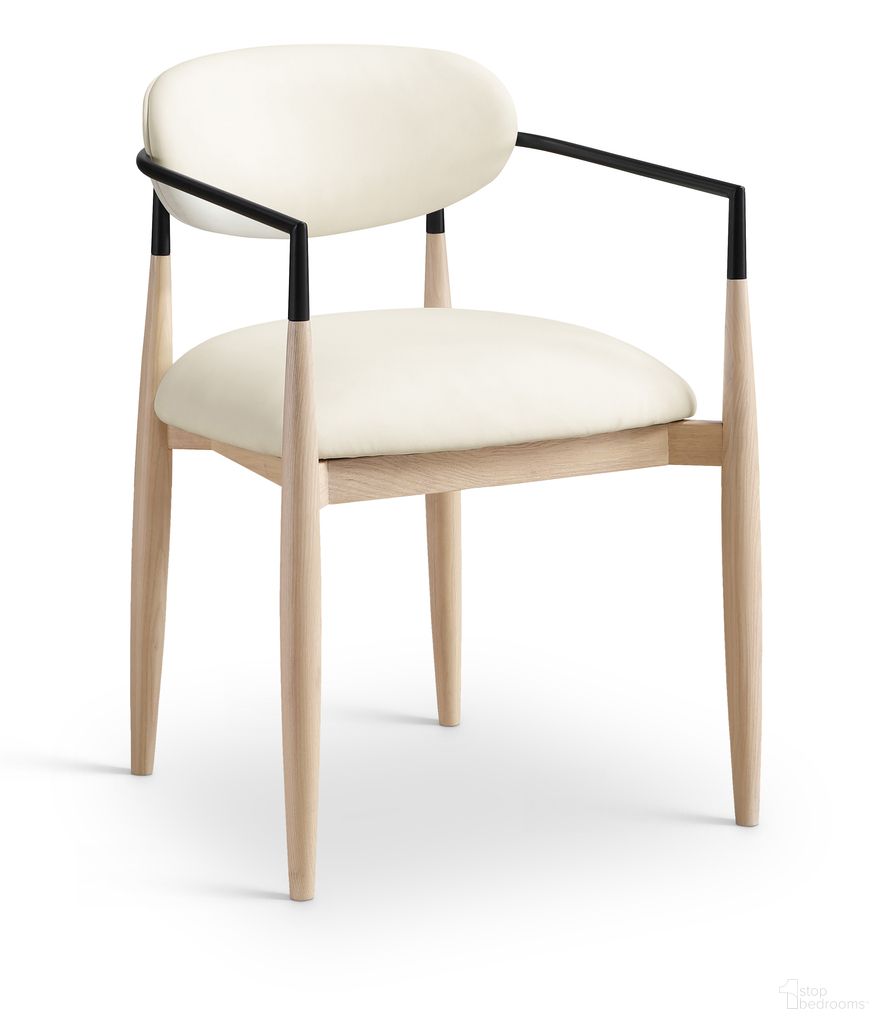Riccio Vegan Leather Upholstered Dining Arm Chair Set of 2 In Cream and Stained Natural
