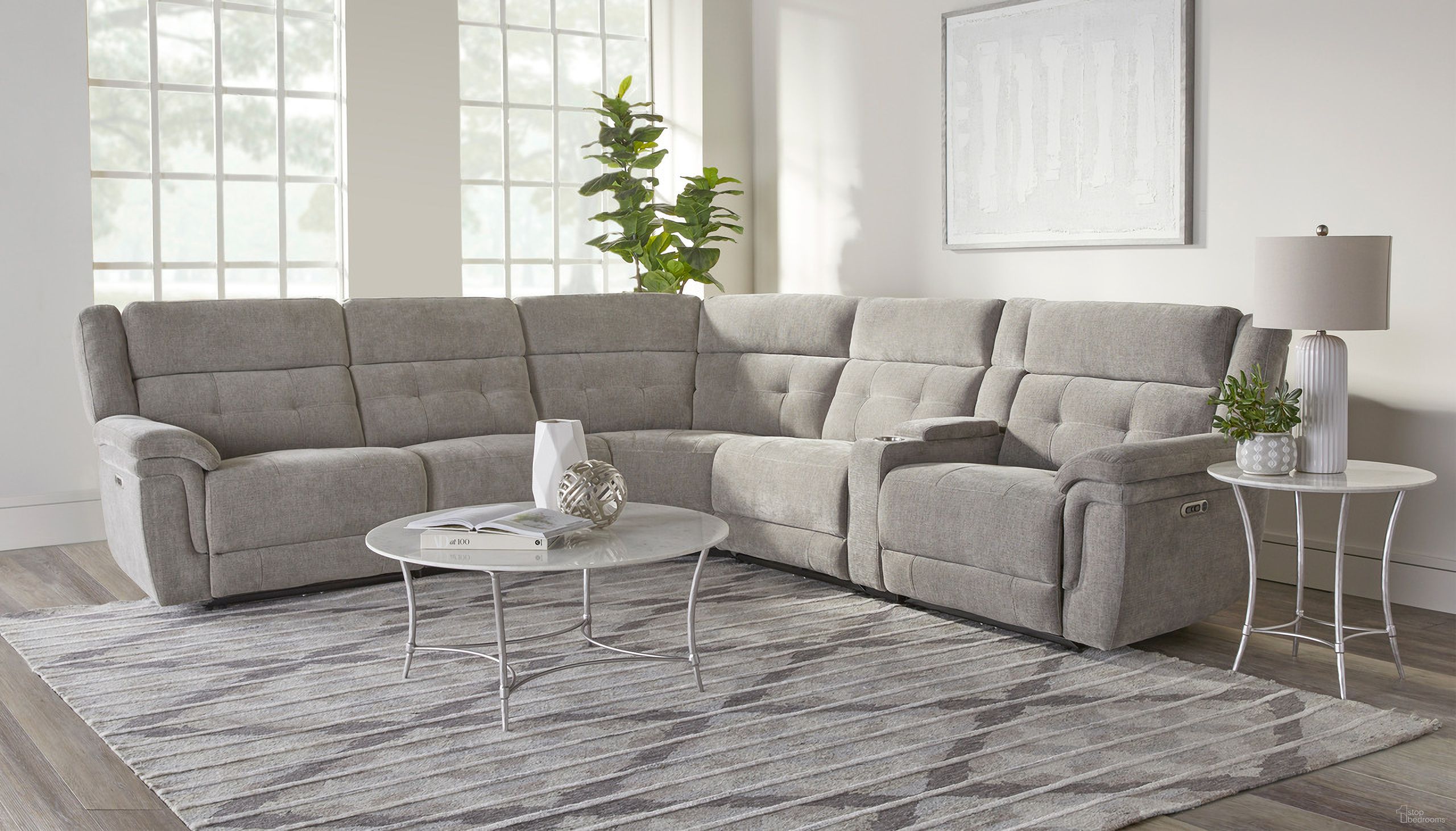 The appearance of Richland 6 Piece Modular Power Reclining Sectional with Power Adjustable Headrests In Bristol Grey designed by Parker House in the transitional interior design. This bristol grey piece of furniture was selected by 1StopBedrooms from Richland Collection to add a touch of cosiness and style into your home. Sku: MRIC#811LPH-BRGR;MRIC#810PH-BRGR;MRIC#850-BRGR;MRIC#840T-BRGR;MRIC#880-BRGR;MRIC#811RPH-BRGR. Material: Polyester. Layout: L-Shape.