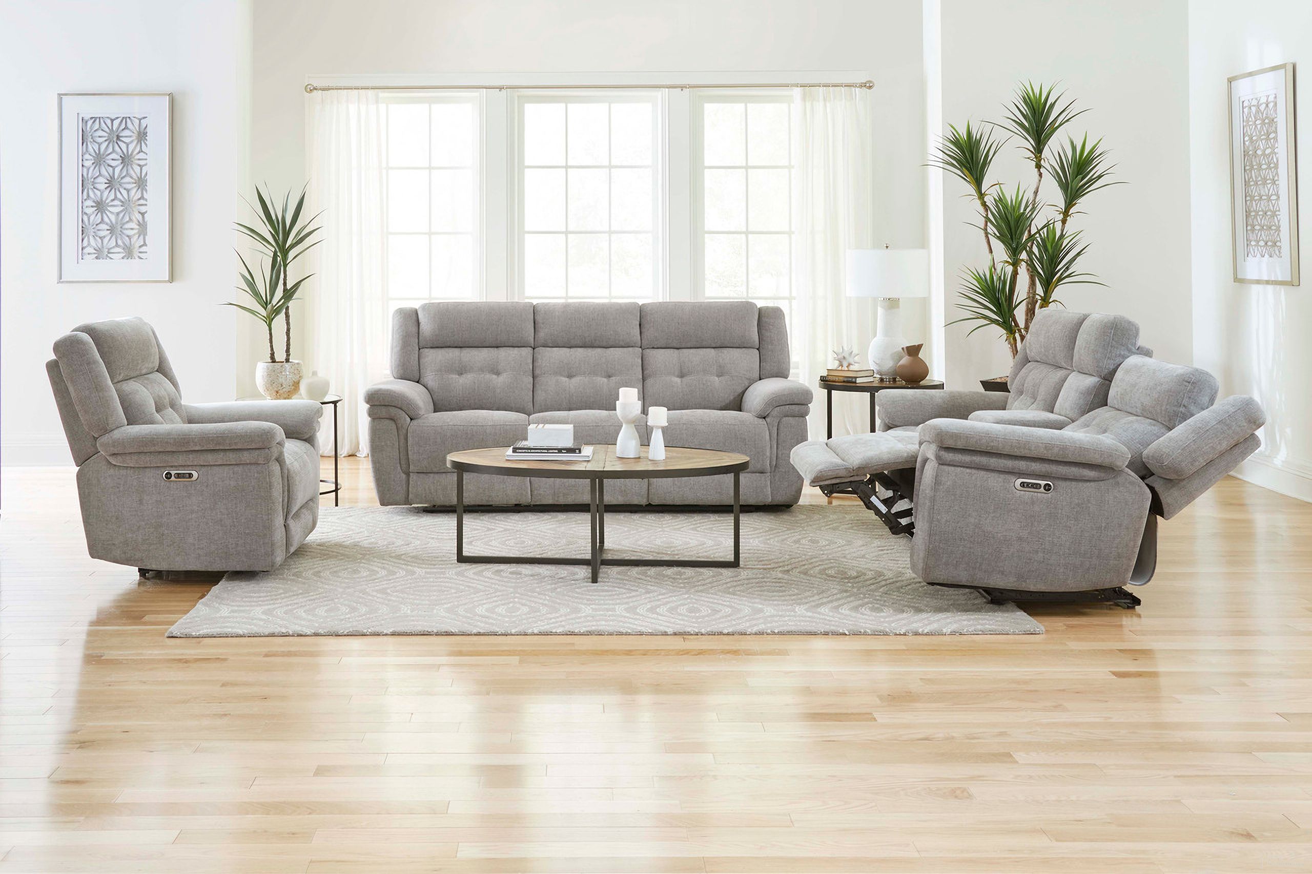 The appearance of Richland Living Room Set In Bristol Grey designed by Parker House in the transitional interior design. This bristol grey piece of furniture  was selected by 1StopBedrooms from Richland Collection to add a touch of cosiness and style into your home. Sku: MRIC#832PH-BRGR;MRIC#822CPH-BRGR. Material: Polyester.