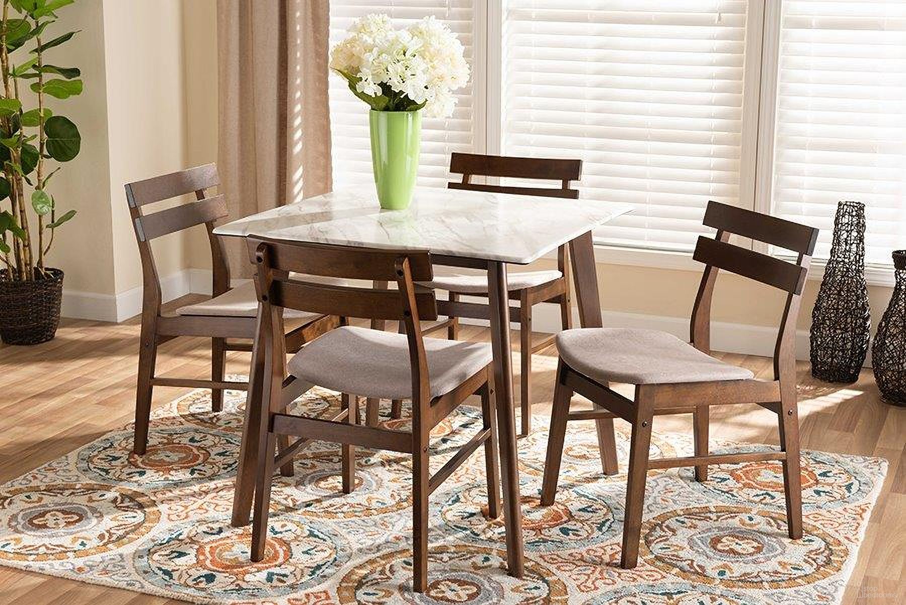 Richmond Light Beige Fabric Walnut Brown Wood 5pc Dining Set