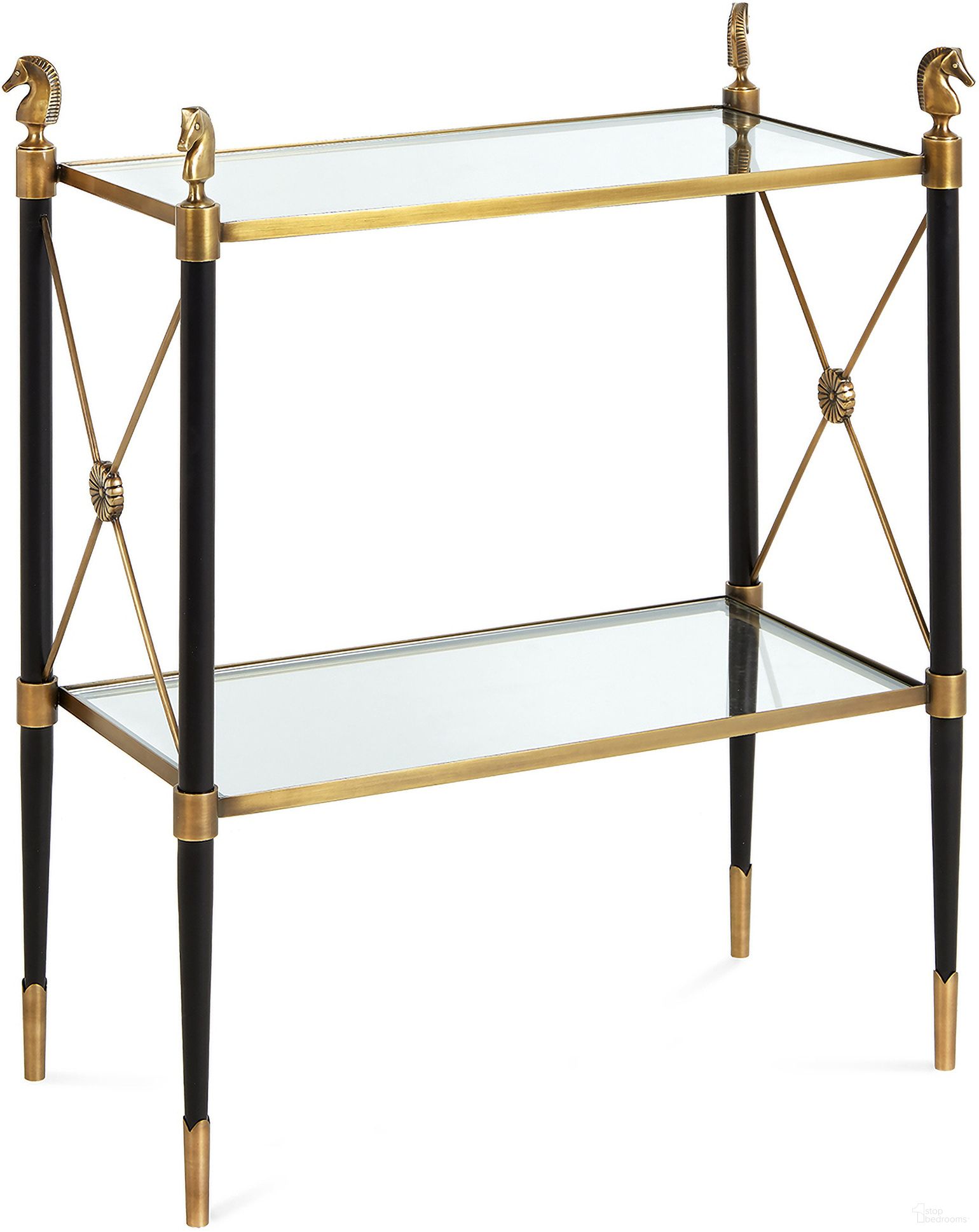 The appearance of Rider Two-Tier Side Table In Brass and Black designed by Jonathan Adler in the modern / contemporary interior design. This brass and black piece of furniture was selected by 1StopBedrooms from Rider Collection to add a touch of cosiness and style into your home. Sku: 21903. Material: Metal.