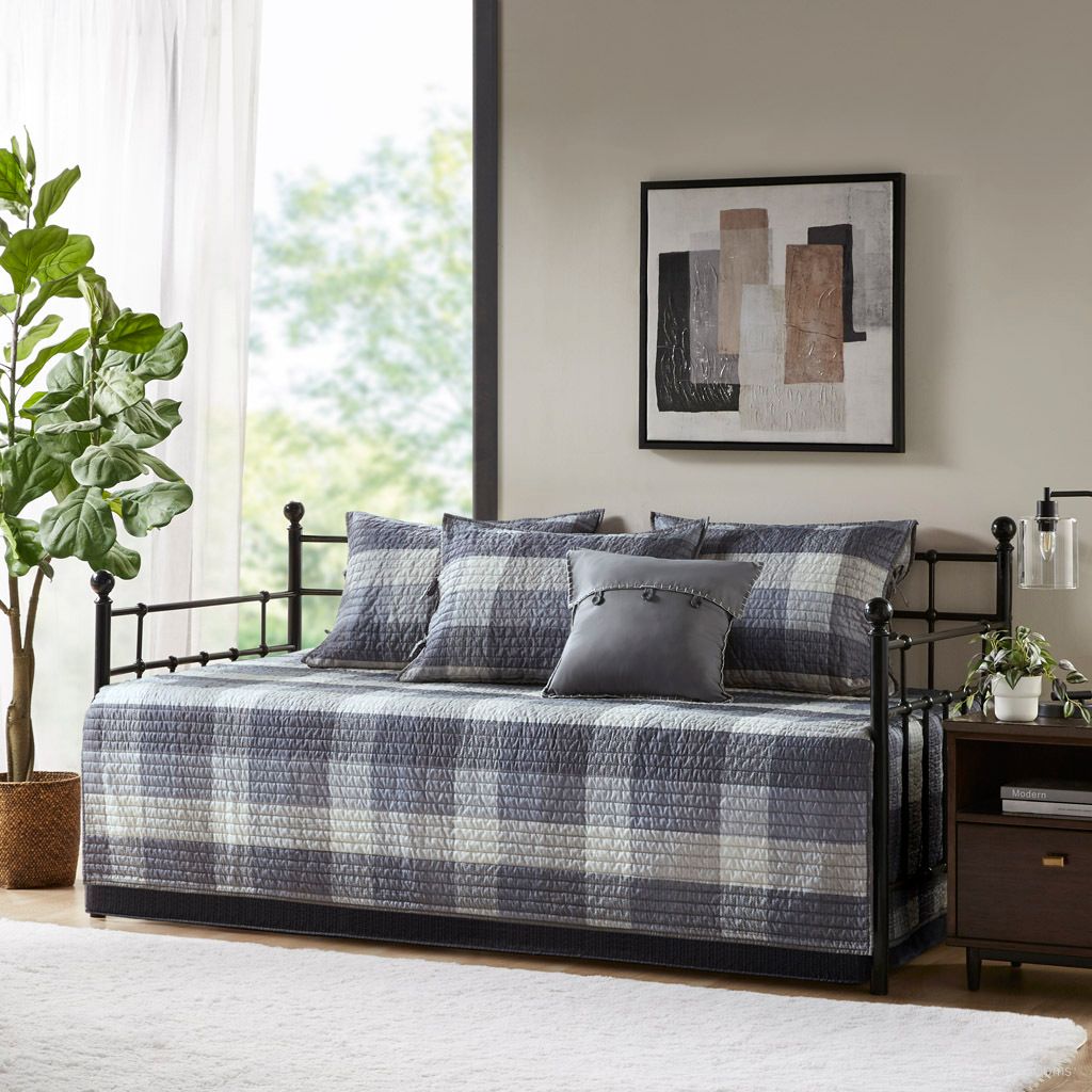 The appearance of Ridge 6 Piece Reversible Plaid Daybed Cover Set In Grey designed by Olliix in the cabin / lodge interior design. This grey piece of furniture was selected by 1StopBedrooms from Ridge Collection to add a touch of cosiness and style into your home. Sku: MP13-8388. Material: Polyester. Bed Size: Twin.
