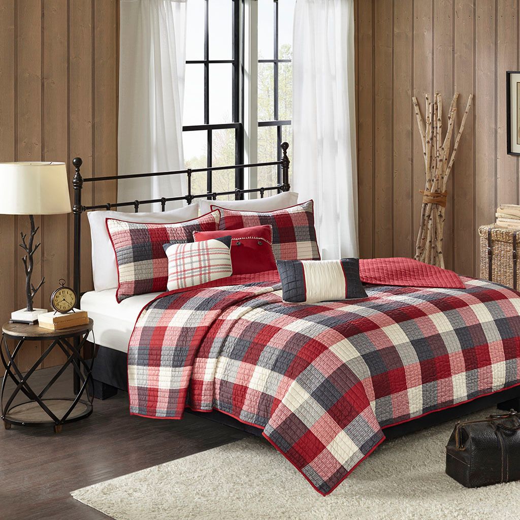 The appearance of Ridge 6 Piece Printed Herringbone King/Cal King Quilt Set with Throw Pillows In Red designed by Olliix in the cabin / lodge interior design. This red piece of furniture  was selected by 1StopBedrooms from Ridge Collection to add a touch of cosiness and style into your home. Sku: MP13-4675. Bed Size: King. Material: Cotton.
