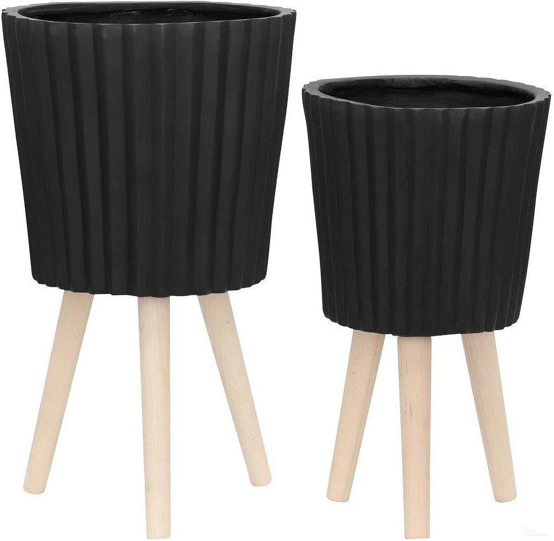 Ridged Planter With Wood Legs Set of 2 In Black