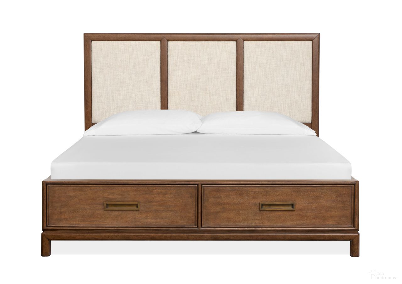 The appearance of Ridgefield King Upholstered Panel Storage Bed In Russet designed by Magnussen in the transitional interior design. This russet piece of furniture was selected by 1StopBedrooms from Ridgefield Collection to add a touch of cosiness and style into your home. Sku: B6436-65H;B6436-64SF;B6436-54R. Bed Type: Storage Bed. Bed Size: King. Material: Mahogany.