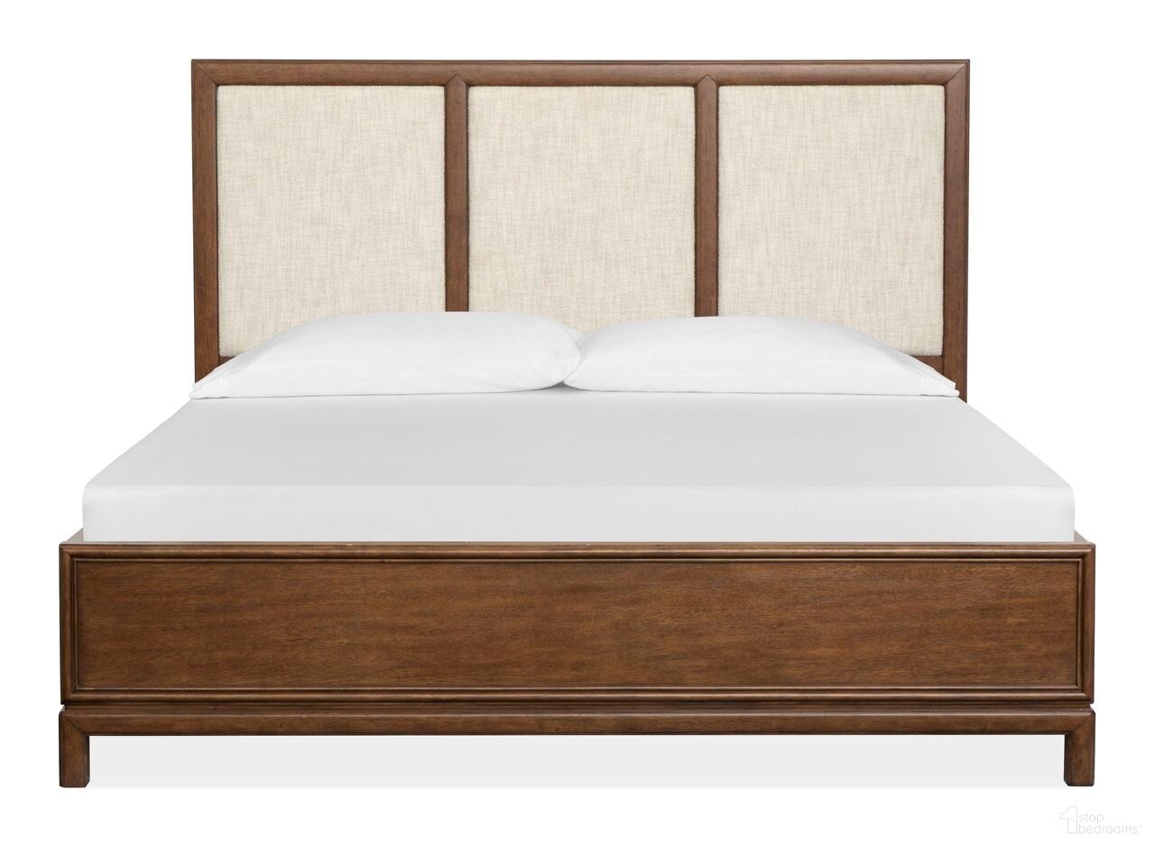 The appearance of Ridgefield Queen Upholstered Panel Bed In Russet designed by Magnussen in the transitional interior design. This russet piece of furniture  was selected by 1StopBedrooms from Ridgefield Collection to add a touch of cosiness and style into your home. Sku: B6436-55H;B6436-54F;B6436-54R. Bed Size: Queen. Material: Veneer. Bed Type: Upholstered Bed.