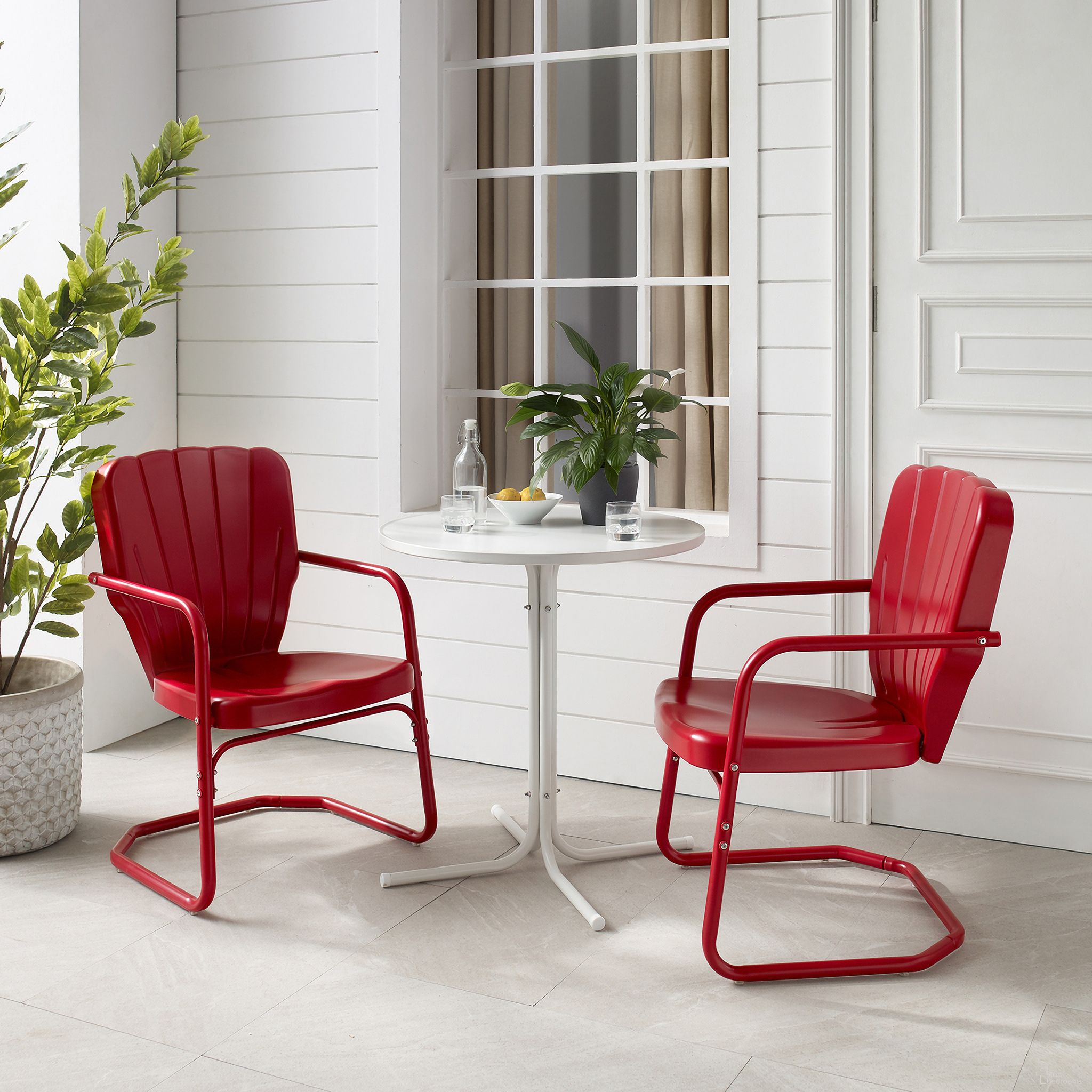 The appearance of Ridgeland 3 Piece Retro Outdoor Bistro Set In Bright Red Gloss and White Satin designed by Crosley Brands in the transitional interior design. This red piece of furniture  was selected by 1StopBedrooms from Ridgeland Collection to add a touch of cosiness and style into your home. Sku: CO1031-RE;CO1014-WH. Material: Steel.