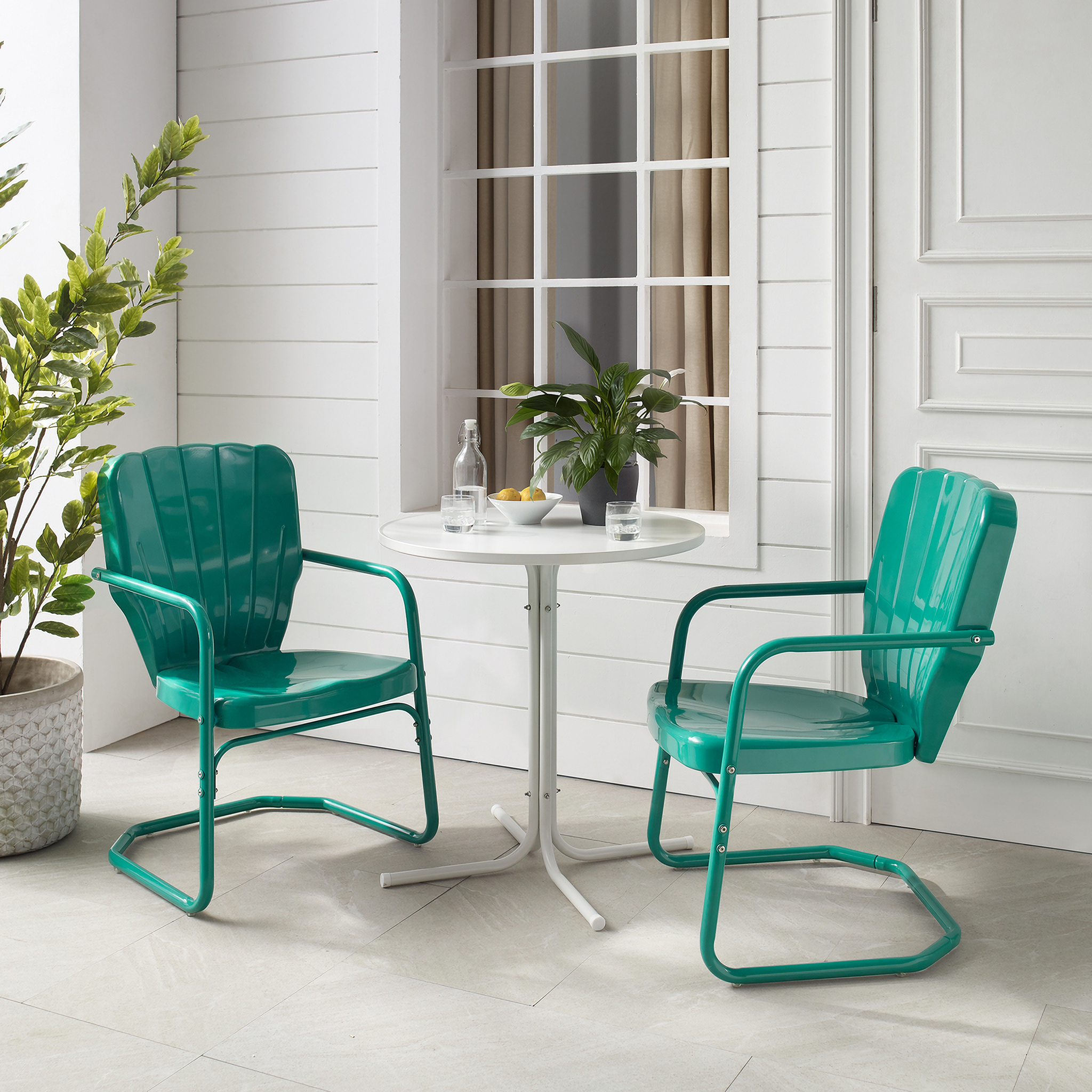 Ridgeland 3 Piece Retro Outdoor Bistro Set In Turquoise Gloss and White