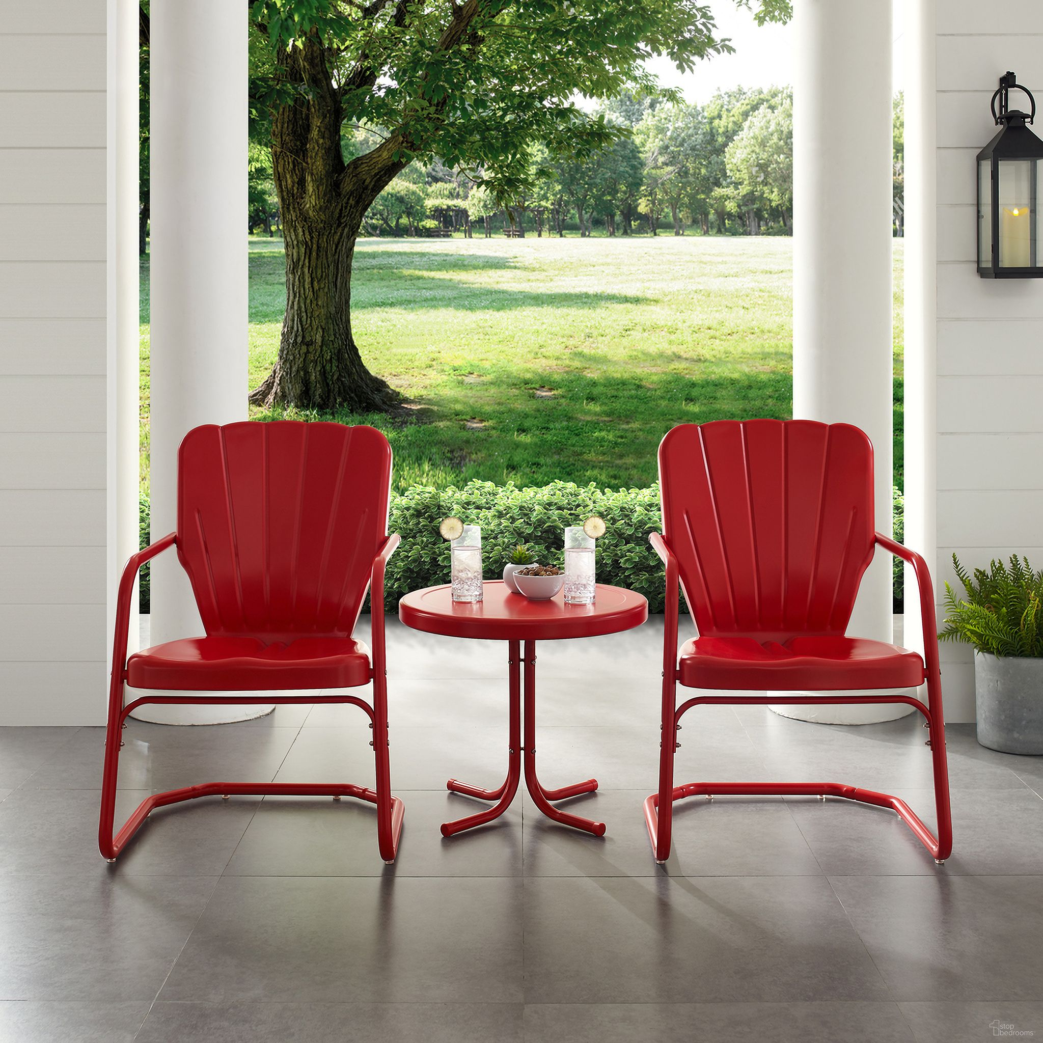 The appearance of Ridgeland 3 Piece Retro Outdoor Chair Set In Bright Red Gloss designed by Crosley Brands in the transitional interior design. This red piece of furniture was selected by 1StopBedrooms from Ridgeland Collection to add a touch of cosiness and style into your home. Sku: CO1031-RE;CO1011A-RG. Material: Steel.