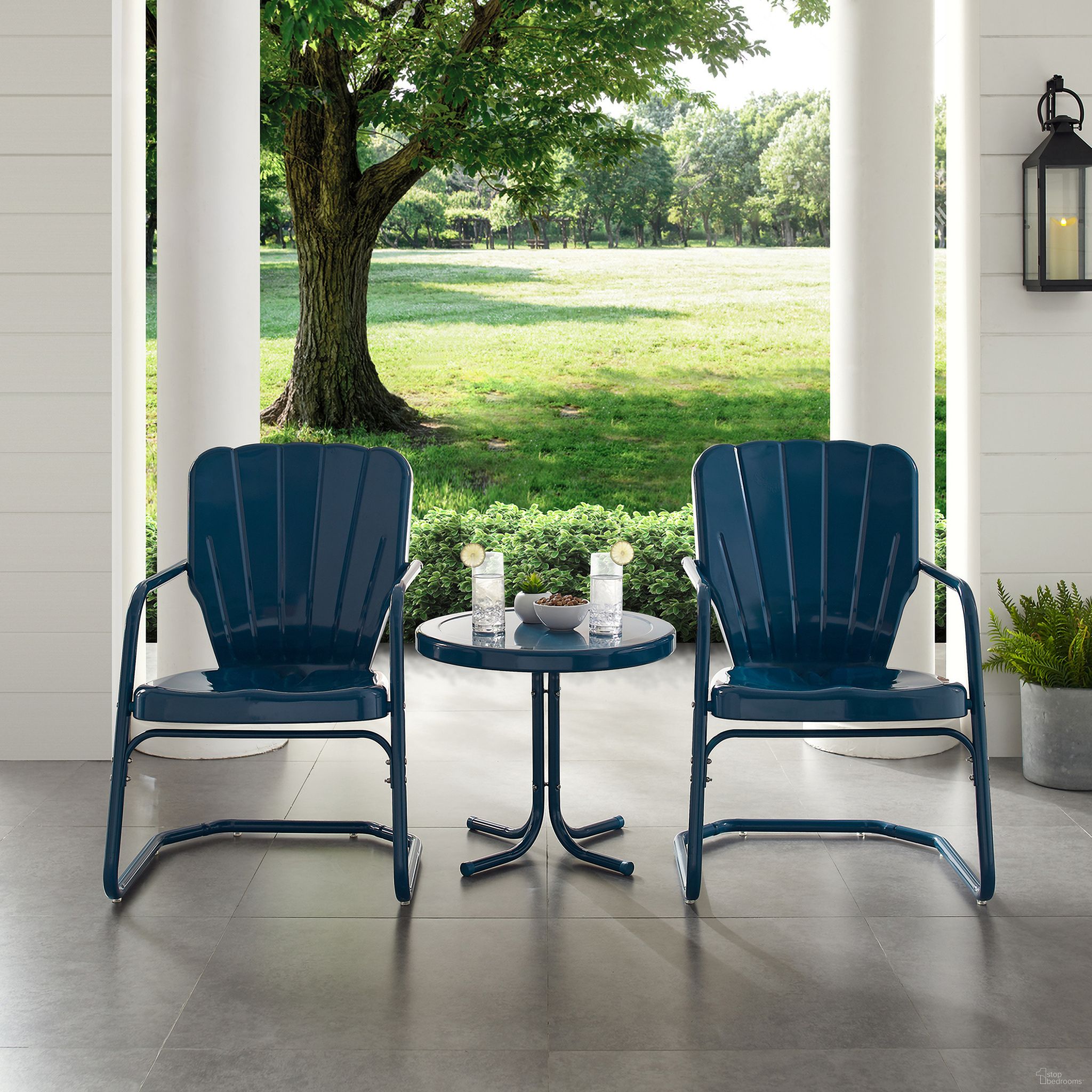 The appearance of Ridgeland 3 Piece Retro Outdoor Chair Set In Navy Gloss designed by Crosley Brands in the transitional interior design. This navy piece of furniture  was selected by 1StopBedrooms from Ridgeland Collection to add a touch of cosiness and style into your home. Sku: CO1031-NV;CO1011A-NV. Material: Steel.