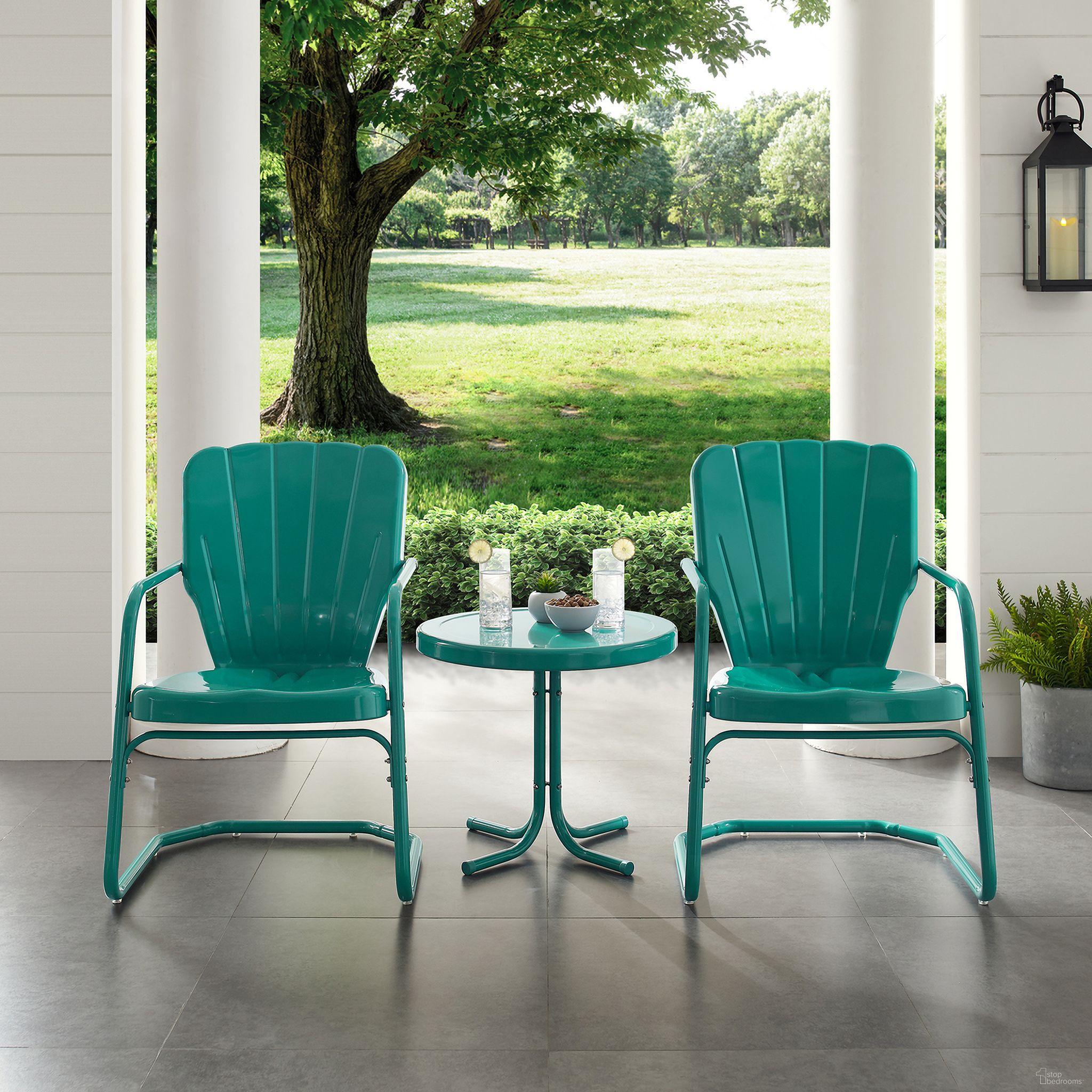 The appearance of Ridgeland 3 Piece Retro Outdoor Chair Set In Turquoise Gloss designed by Crosley Brands in the transitional interior design. This turquoise piece of furniture  was selected by 1StopBedrooms from Ridgeland Collection to add a touch of cosiness and style into your home. Sku: CO1031-TU;CO1011A-TU. Material: Steel.