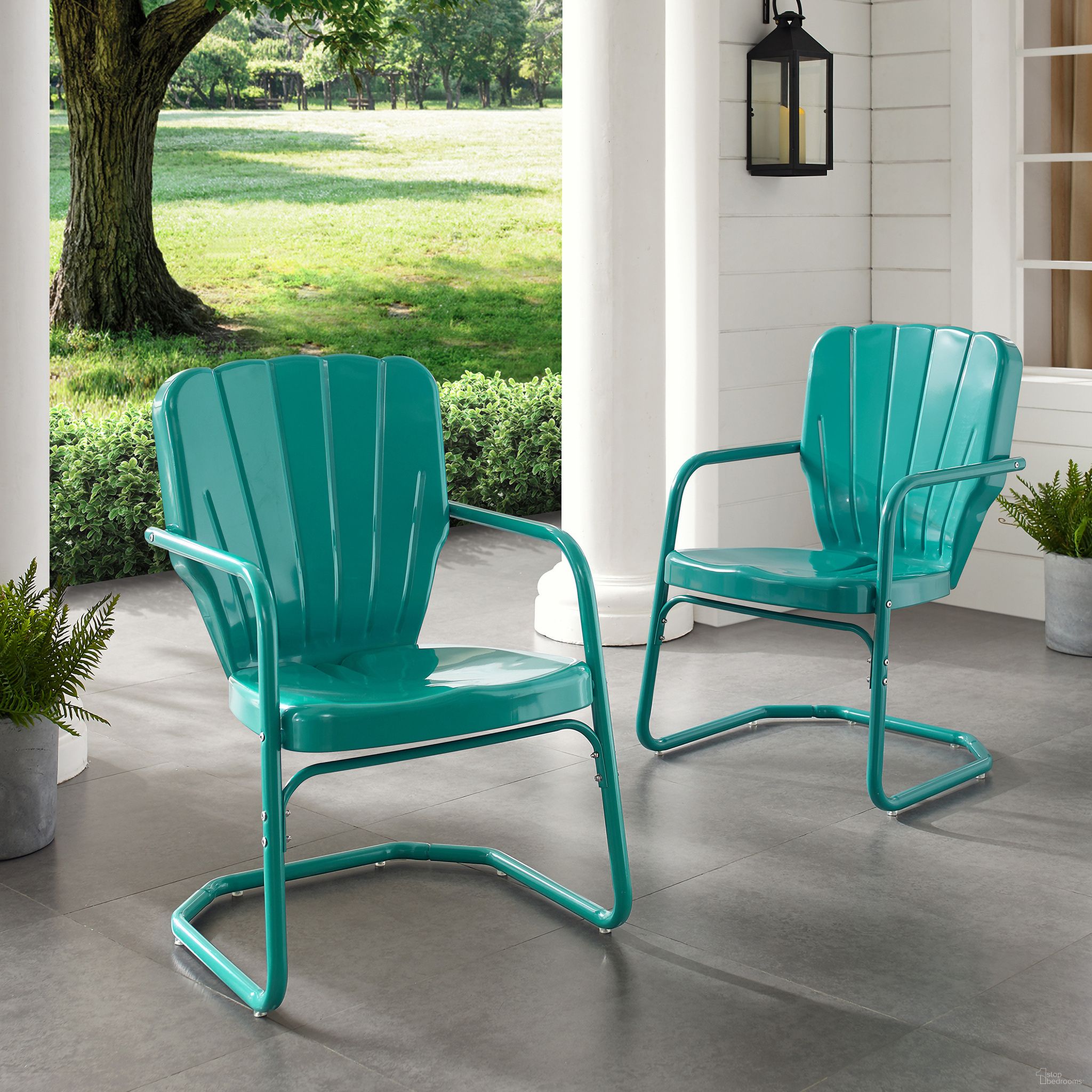 The appearance of Ridgeland Retro Outdoor Chair In Turquoise Gloss - Set of 2 designed by Crosley Brands in the transitional interior design. This turquoise piece of furniture  was selected by 1StopBedrooms from Ridgeland Collection to add a touch of cosiness and style into your home. Sku: CO1031-TU. Material: Steel.