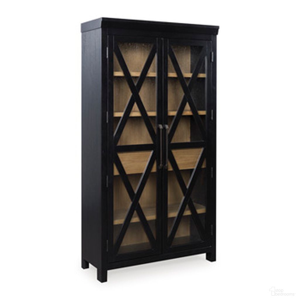 The appearance of Ridgester Display Cabinet In Light Brown and Black designed by Signature Design by Ashley in the transitional interior design. This light brown/black piece of furniture  was selected by 1StopBedrooms from Ridgester Collection to add a touch of cosiness and style into your home. Sku: D858-76. Material: Wood.