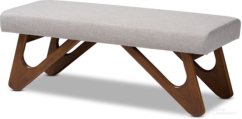 The appearance of Rika Mid-Century Modern Greyish Beige Fabric Upholstered Walnut Brown Finished Boomerang Bench designed by Baxton Studio in the transitional interior design. This beige piece of furniture was selected by 1StopBedrooms from Rika Collection to add a touch of cosiness and style into your home. Sku: BBT5367-Greyish Beige/Walnut-Bench. Material: MDF.