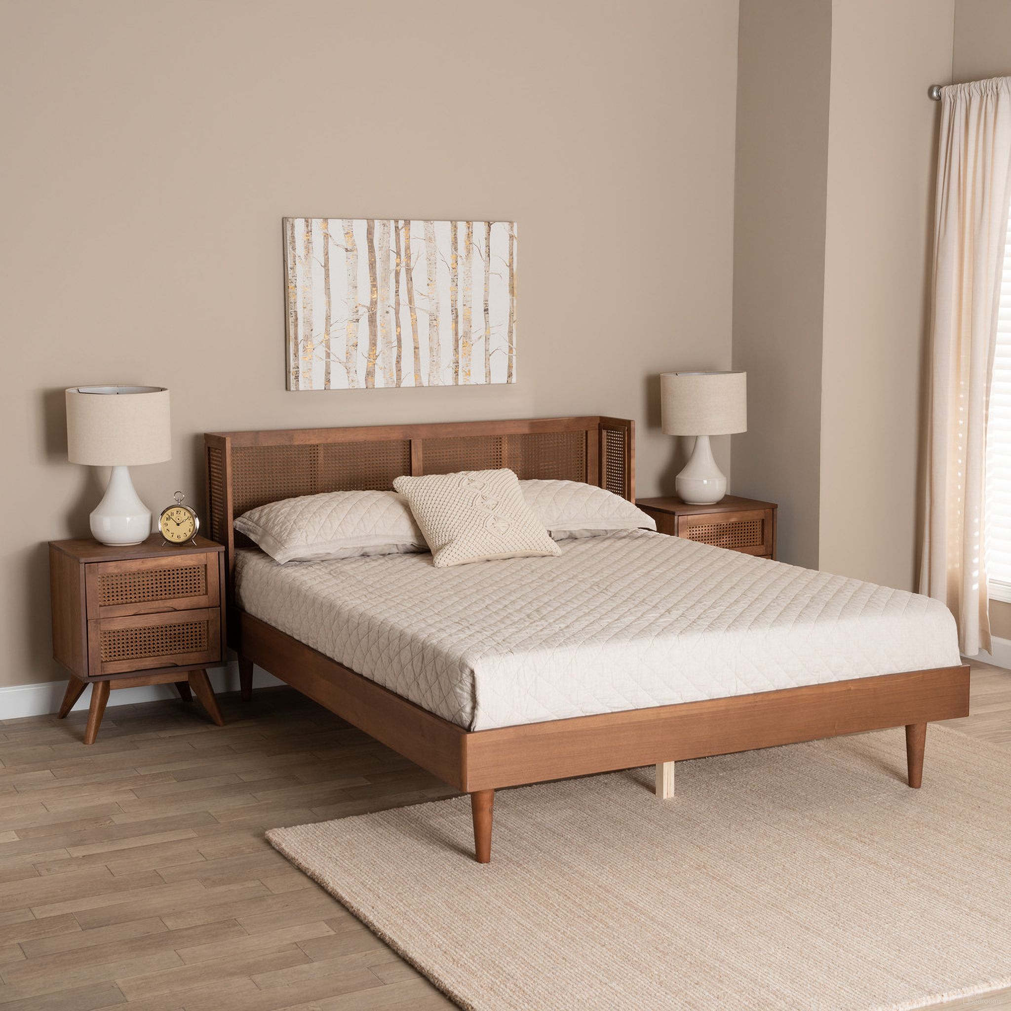 Rina Wood 3 Piece King Bedroom Set with Synthetic Rattan In Ash Walnut