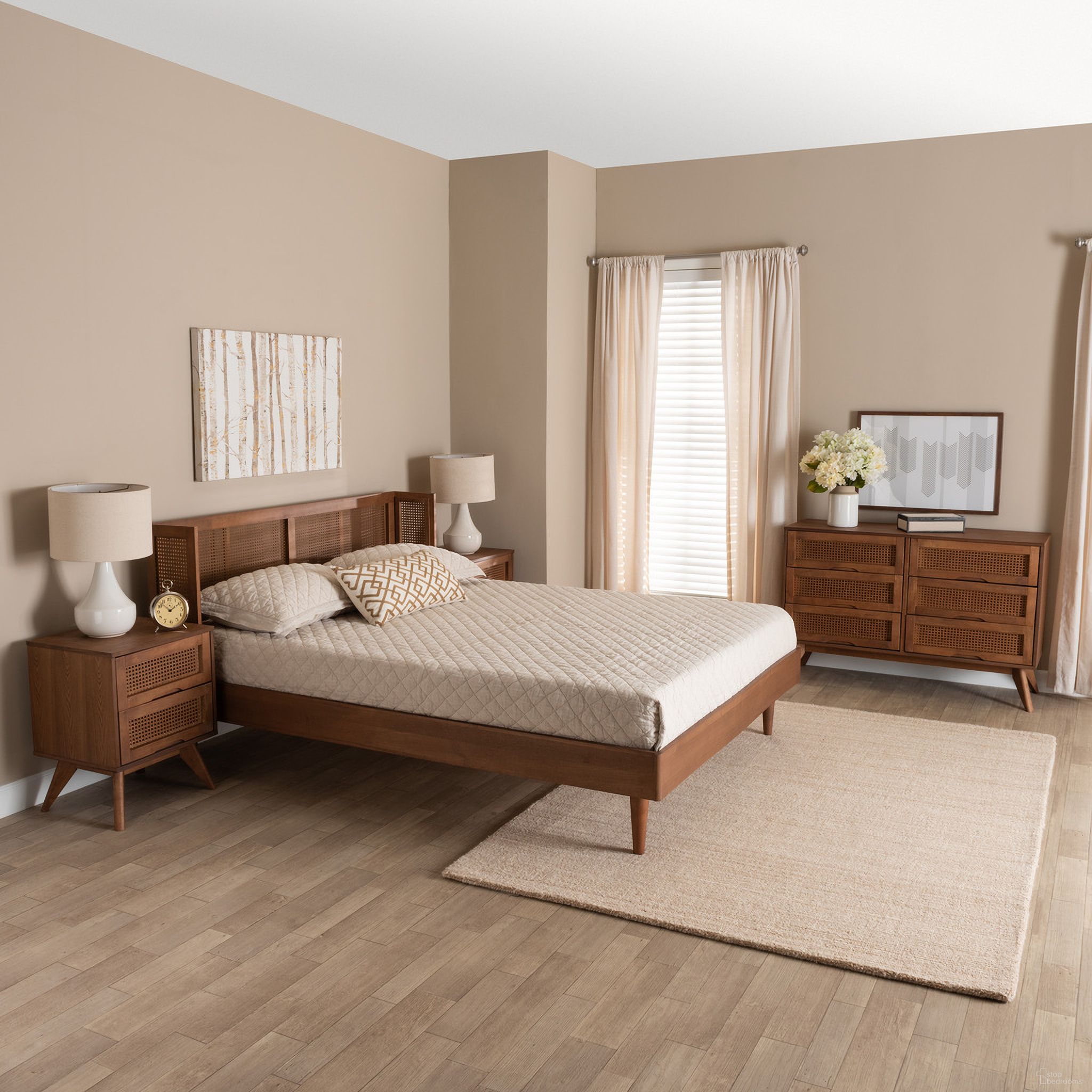 Rina Wood 4 Piece King Bedroom Set with Synthetic Rattan In Ash Walnut