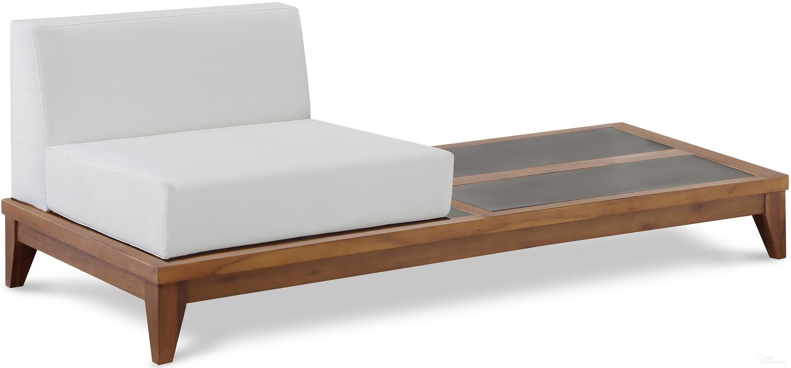 The appearance of Rio Water Resistant Fabric Outdoor Patio Modular Chair w/ Integrated Table In Off White designed by Meridian in the modern / contemporary interior design. This off white piece of furniture was selected by 1StopBedrooms from Rio Collection to add a touch of cosiness and style into your home. Sku: 389White-Double. Material: Wood.