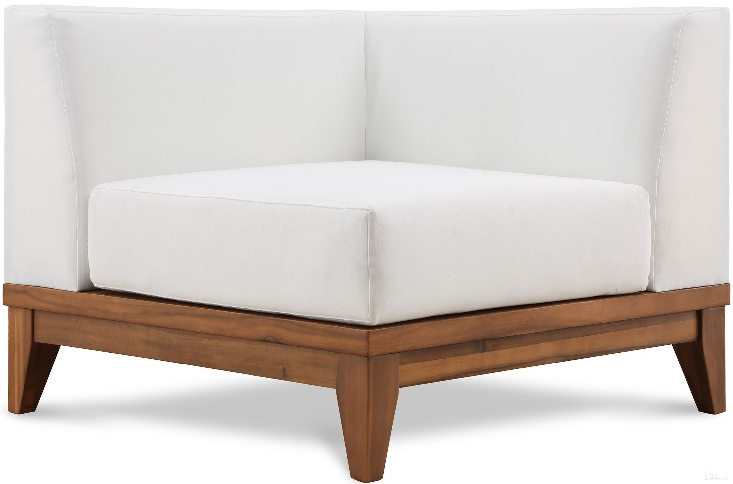 The appearance of Rio Water Resistant Fabric Outdoor Patio Modular Corner Chair In Off White designed by Meridian in the modern / contemporary interior design. This off white piece of furniture  was selected by 1StopBedrooms from Rio Collection to add a touch of cosiness and style into your home. Sku: 389White-Corner. Material: Wood.