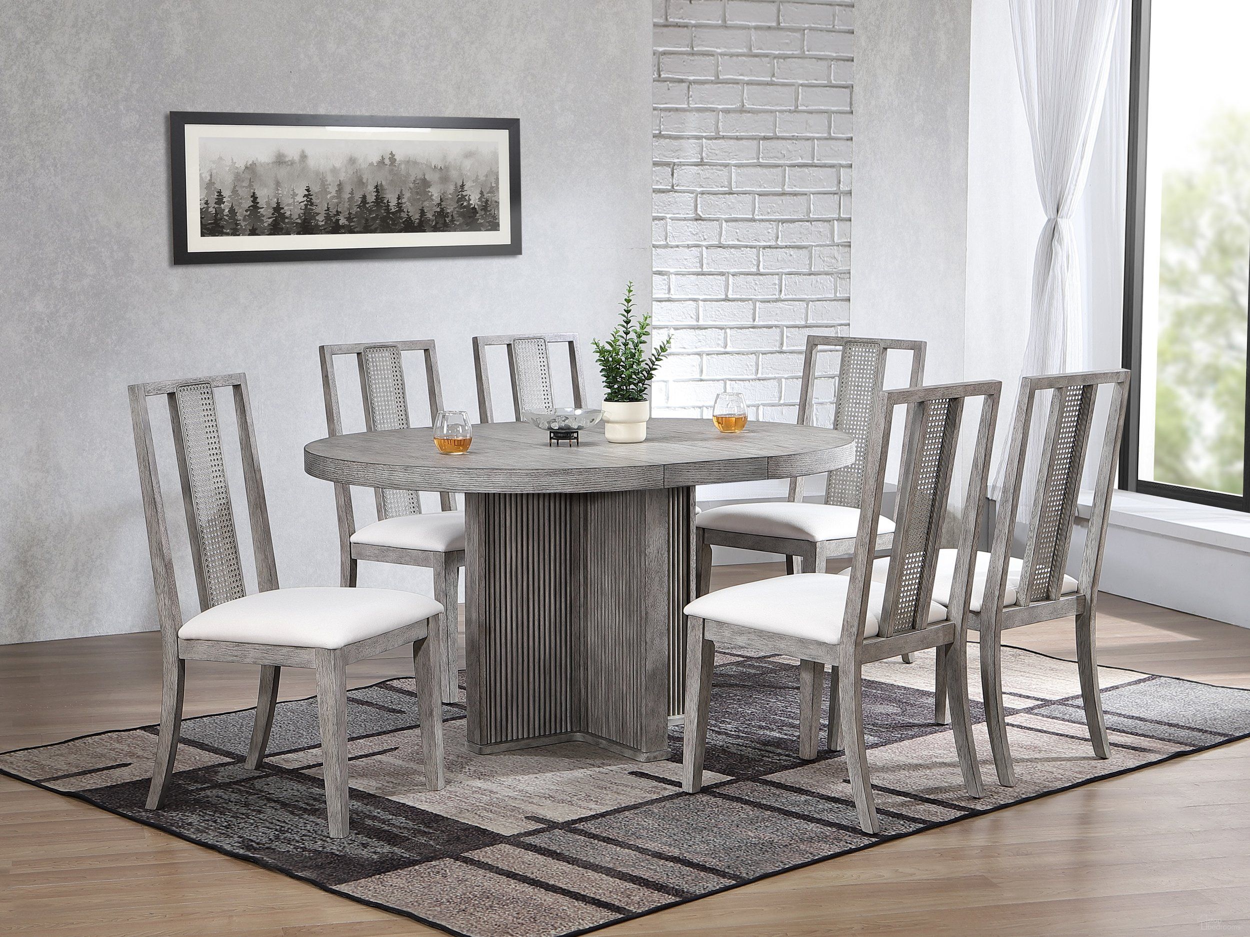 The appearance of Ripple Dining Table and Max 7-Piece Dining Set In Dove Grey designed by Iconic Furniture in the modern / contemporary interior design. This dove grey piece of furniture  was selected by 1StopBedrooms from Urbana Collection to add a touch of cosiness and style into your home. Sku: RD45RPLCH66U01DG-7PC. Table Base Style: Pedestal. Table Top Shape: Round. Material: Rubberwood.