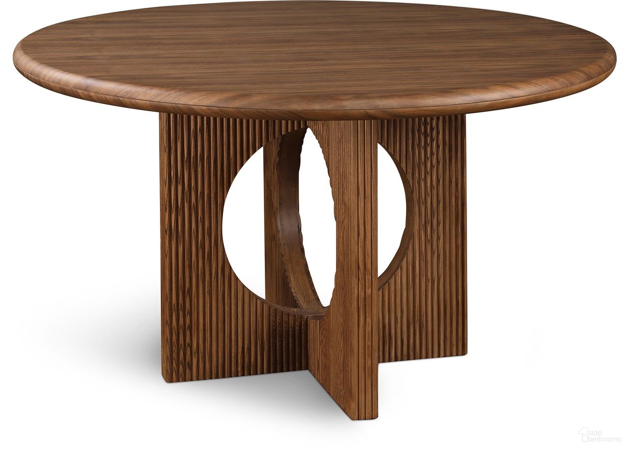 The appearance of Rivas 54 Inch Dining Table In Walnut designed by Meridian in the transitional interior design. This walnut piece of furniture  was selected by 1StopBedrooms from Rivas Collection to add a touch of cosiness and style into your home. Sku: 766Walnut-T Box 1/2 (Top);766Walnut-T Box 2/2 (Base). Table Base Style: Pedestal. Table Top Shape: Round. Material: MDF. Size: 54".