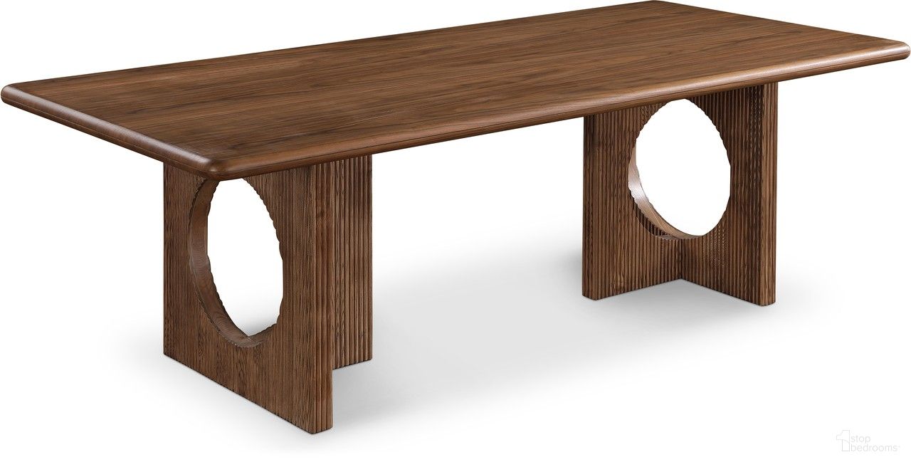 The appearance of Rivas 94 Inch Dining Table In Walnut designed by Meridian in the transitional interior design. This walnut piece of furniture  was selected by 1StopBedrooms from Rivas Collection to add a touch of cosiness and style into your home. Sku: 767Walnut-T Box 1/2 (Top);767Walnut-T Box 2/2 (Base). Table Base Style: Double Pedestal. Material: MDF. Table Top Shape: Rectangular. Size: 43" x 94".