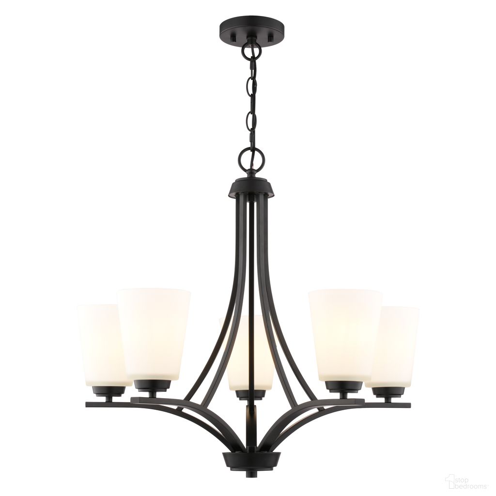 The appearance of River Grove 24.75 Inch 5 Light Chandelier In Matte Black designed by Vaxcel in the transitional interior design. This matte black piece of furniture was selected by 1StopBedrooms from River Grove Collection to add a touch of cosiness and style into your home. Sku: H0317. Material: Steel.