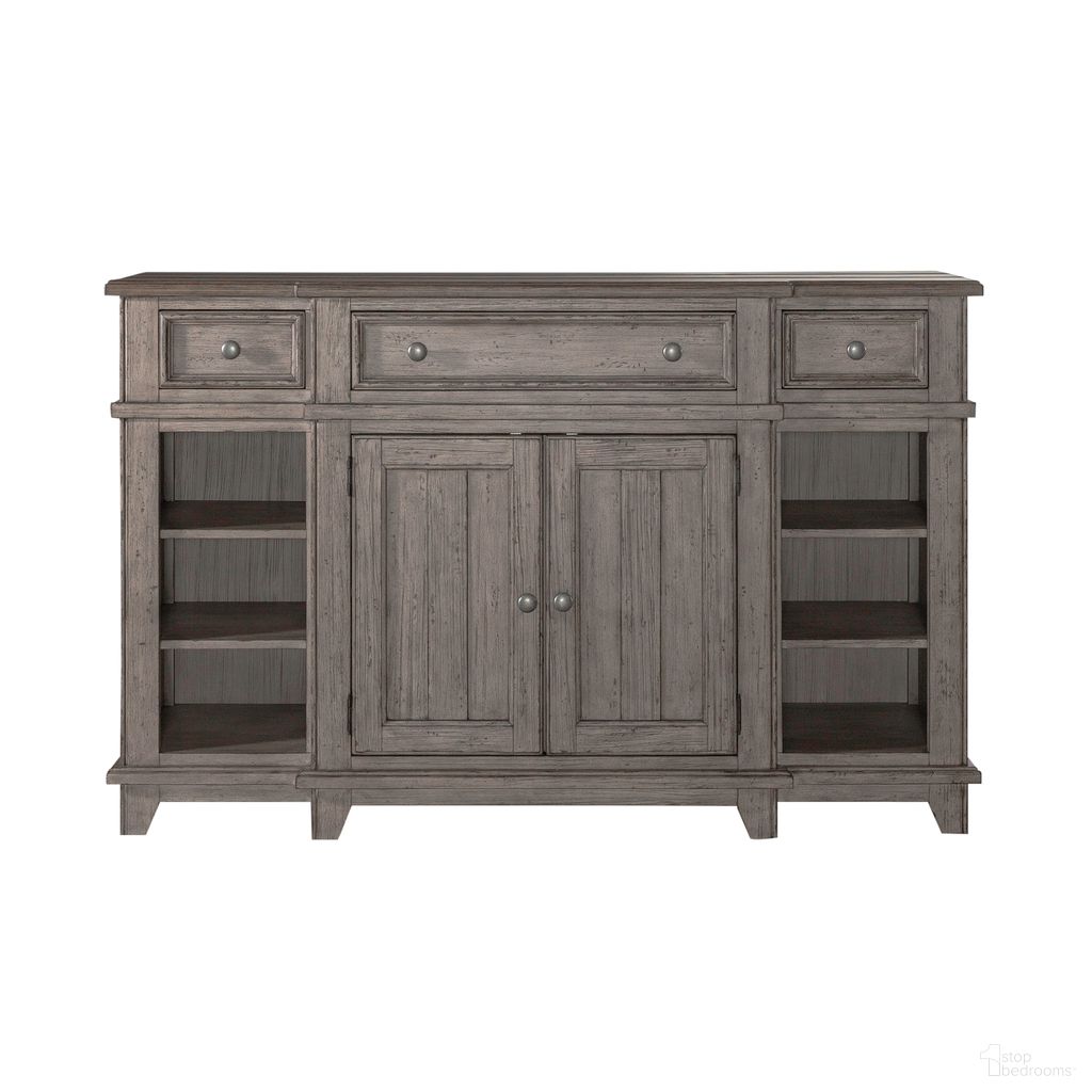 The appearance of River Place Breakfront Server In Gray designed by Liberty in the country / farmhouse interior design. This gray piece of furniture  was selected by 1StopBedrooms from River Place Collection to add a touch of cosiness and style into your home. Sku: 237G-SR6642. Material: Solid Pine.