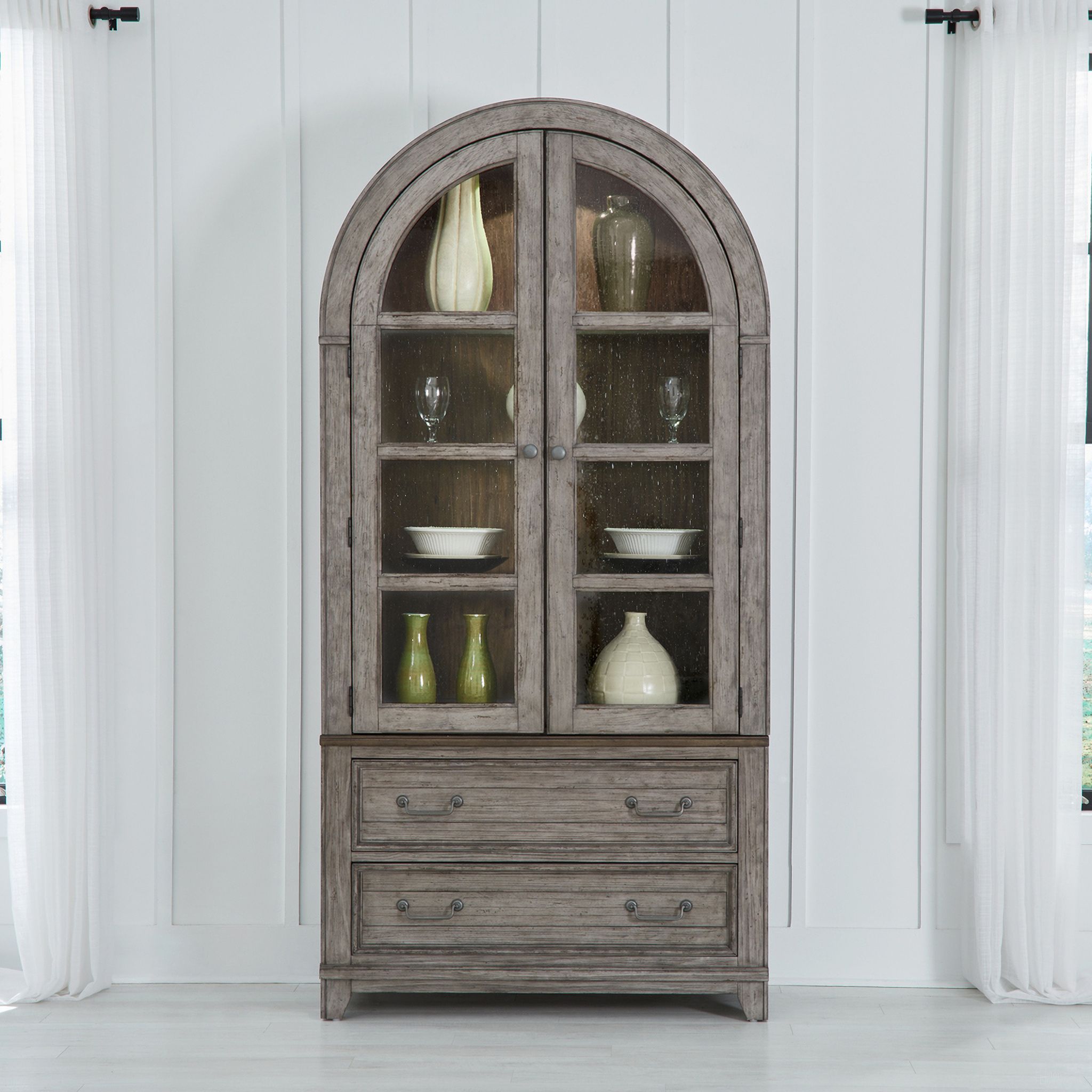 The appearance of River Place Curio Hutch In Gray designed by Liberty in the country / farmhouse interior design. This gray piece of furniture was selected by 1StopBedrooms from River Place Collection to add a touch of cosiness and style into your home. Sku: 237G-CH4490. Material: Solid Pine.