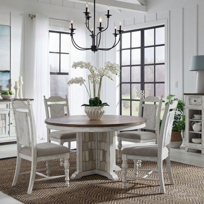 The appearance of River Place Dining Set In Riverstone White and Tobacco designed by Liberty in the country / farmhouse interior design. This white piece of furniture was selected by 1StopBedrooms from River Place Collection to add a touch of cosiness and style into your home. Sku: 237-P5454;237-T5454;237-C9101S. Table Base Style: Pedestal. Table Top Shape: Round. Material: Wood Veneer. Size: 54".