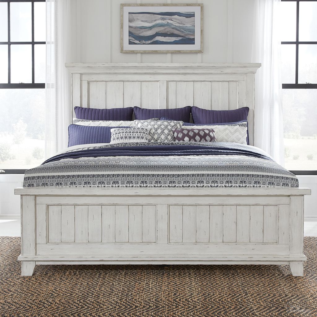 The appearance of River Place King Panel Bed In Riverstone White and Tobacco designed by Liberty in the country / farmhouse interior design. This white piece of furniture was selected by 1StopBedrooms from River Place Collection to add a touch of cosiness and style into your home. Sku: 237-BR15;237-BR16;237-BR90. Bed Type: Panel Bed. Bed Size: King. Material: Wood Veneer.