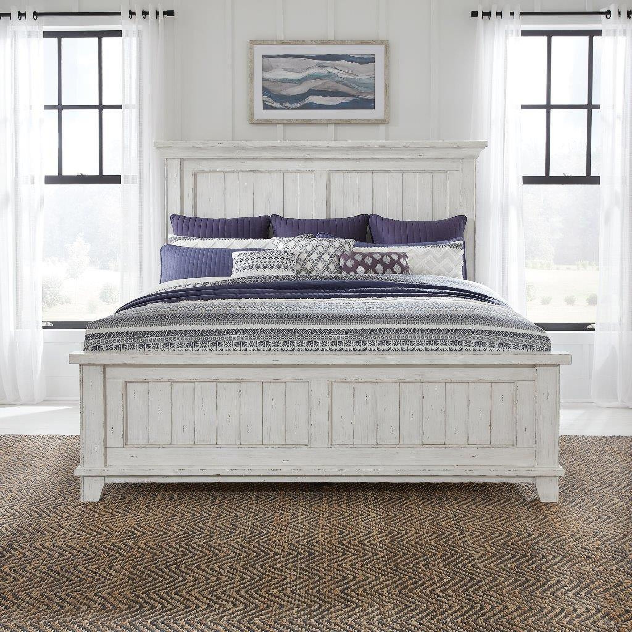 The appearance of River Place Queen Panel Bed In Riverstone White and Tobacco designed by Liberty in the country / farmhouse interior design. This white piece of furniture  was selected by 1StopBedrooms from River Place Collection to add a touch of cosiness and style into your home. Sku: 237-BR13;237-BR14;237-BR90. Bed Type: Panel Bed. Bed Size: Queen. Material: Wood Veneer.