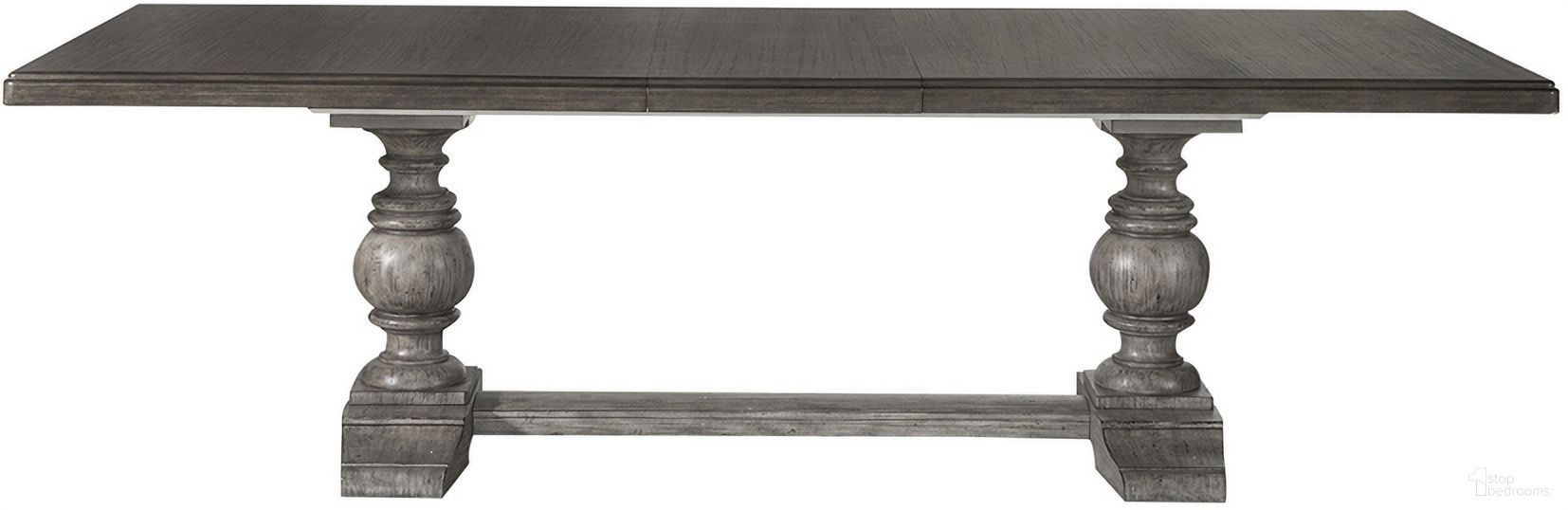 The appearance of River Place Trestle Table Set In Gray designed by Liberty in the country / farmhouse interior design. This gray piece of furniture  was selected by 1StopBedrooms from River Place Collection to add a touch of cosiness and style into your home. Sku: 237G-T4402;237G-P4402. Table Base Style: Trestle. Table Top Shape: Rectangular. Material: Solid Pine. Size: 102" x 44".