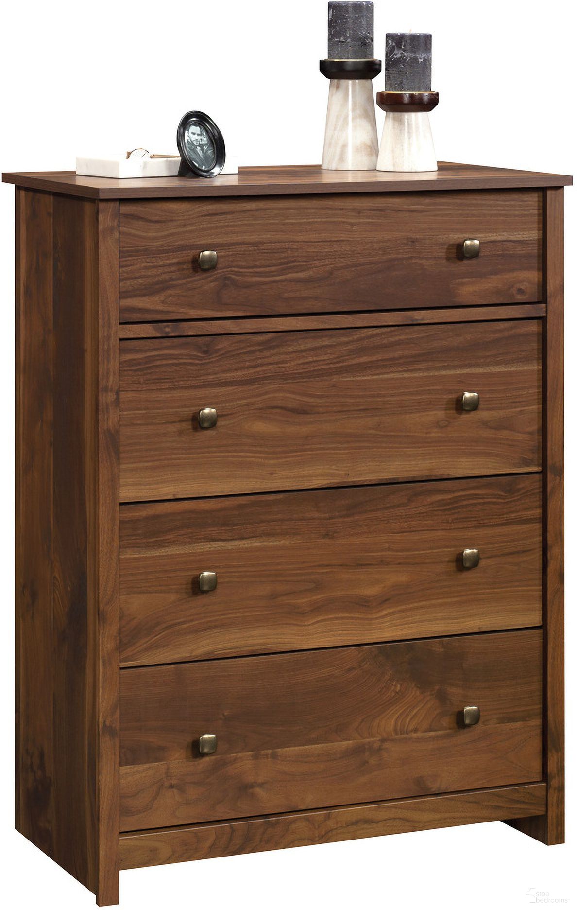 The appearance of River Ranch 4-Drawer Chest In Grand Walnut designed by Sauder in the transitional interior design. This grand walnut piece of furniture  was selected by 1StopBedrooms from River Ranch Collection to add a touch of cosiness and style into your home. Sku: 430049. Material: Engineered Wood.